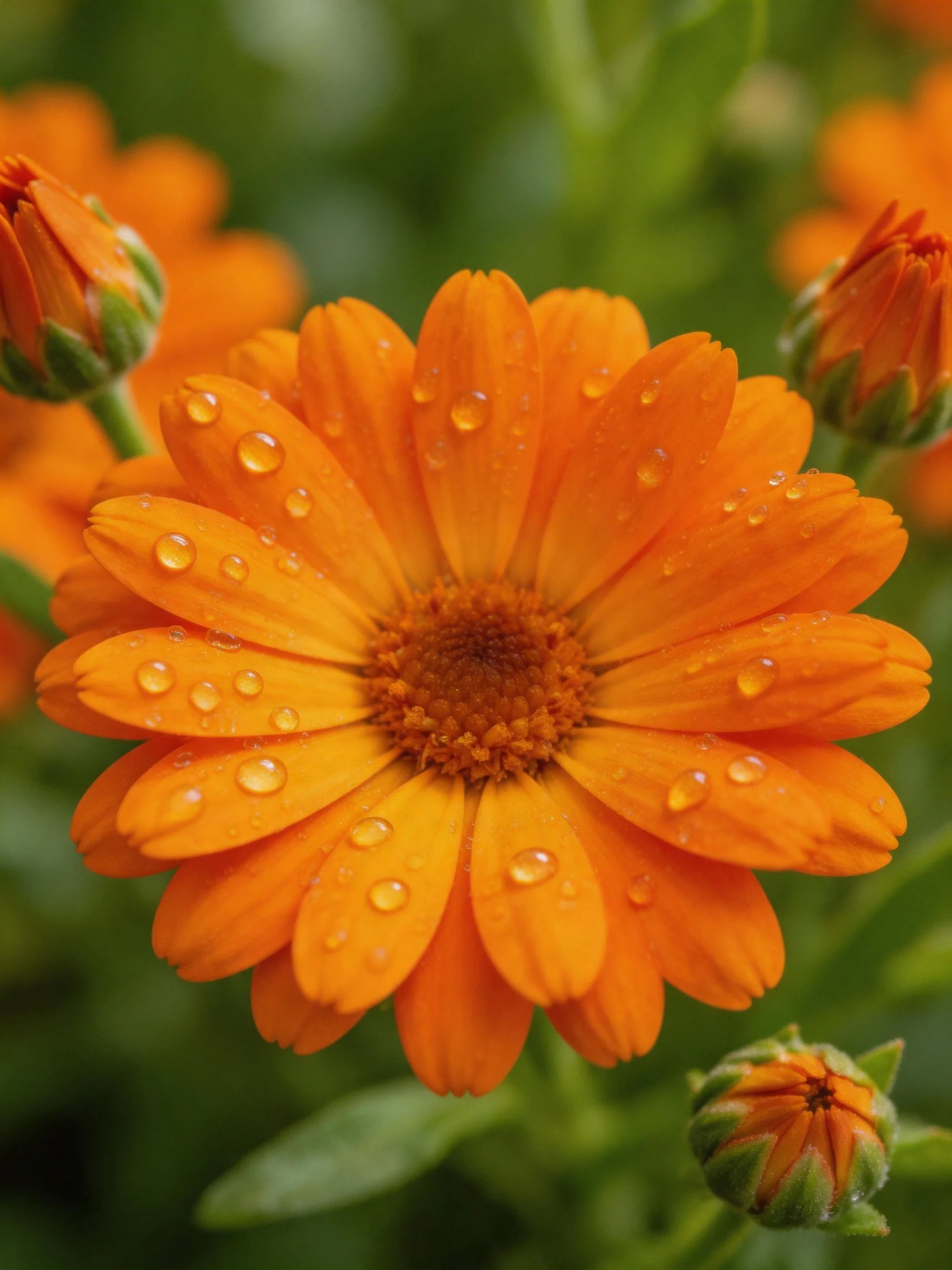 Vibrant orange flower with water droplets among green buds