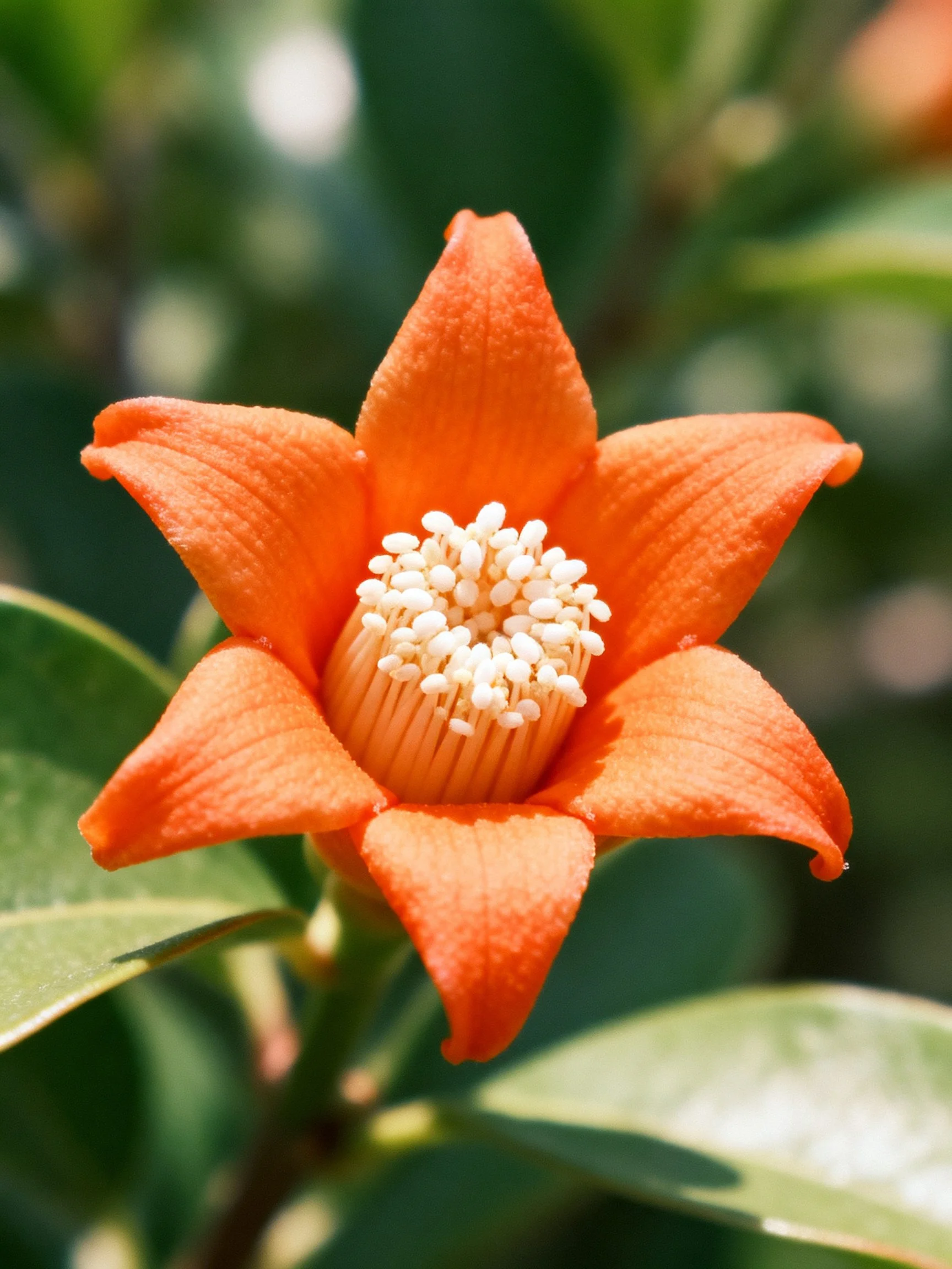 Vibrant orange flower with white stamens and green leaves