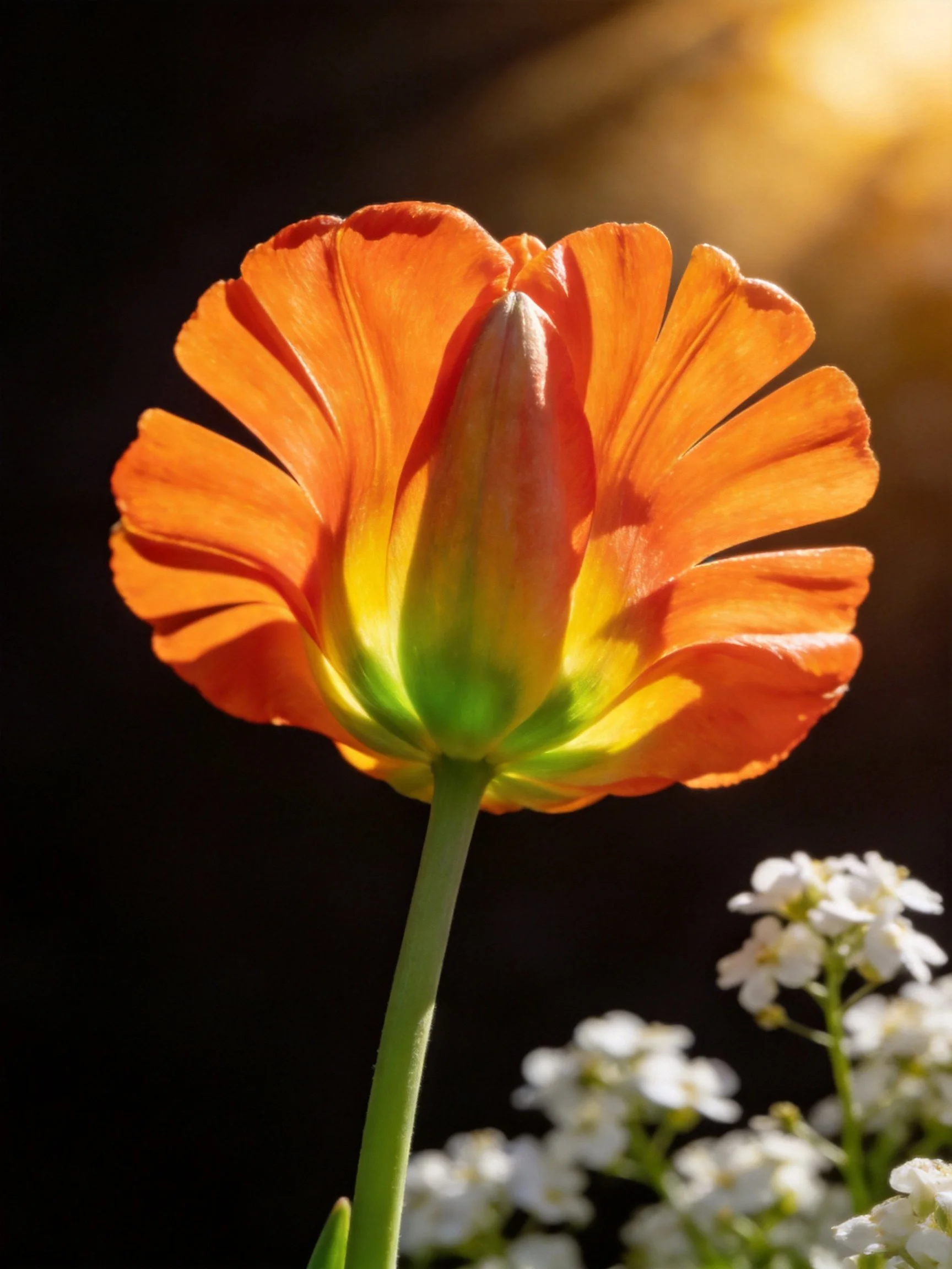 Vibrant orange flower with yellow-green center, backlit by sunlight