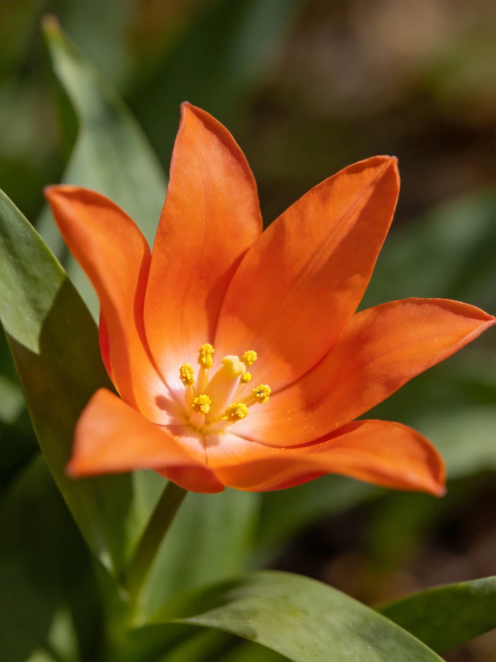 Vibrant orange flower with yellow stamens and green leaves