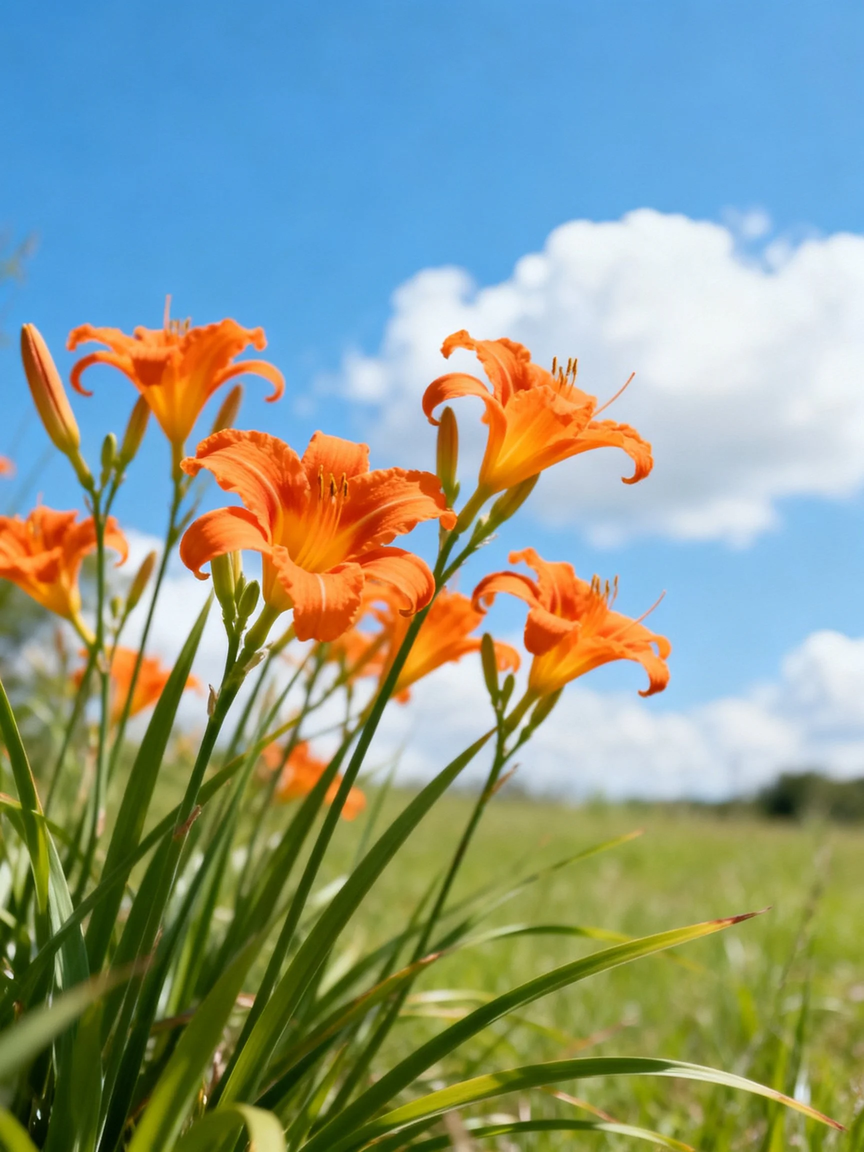 Vibrant orange flowers bloom amid green foliage under bright blue sky with white clouds