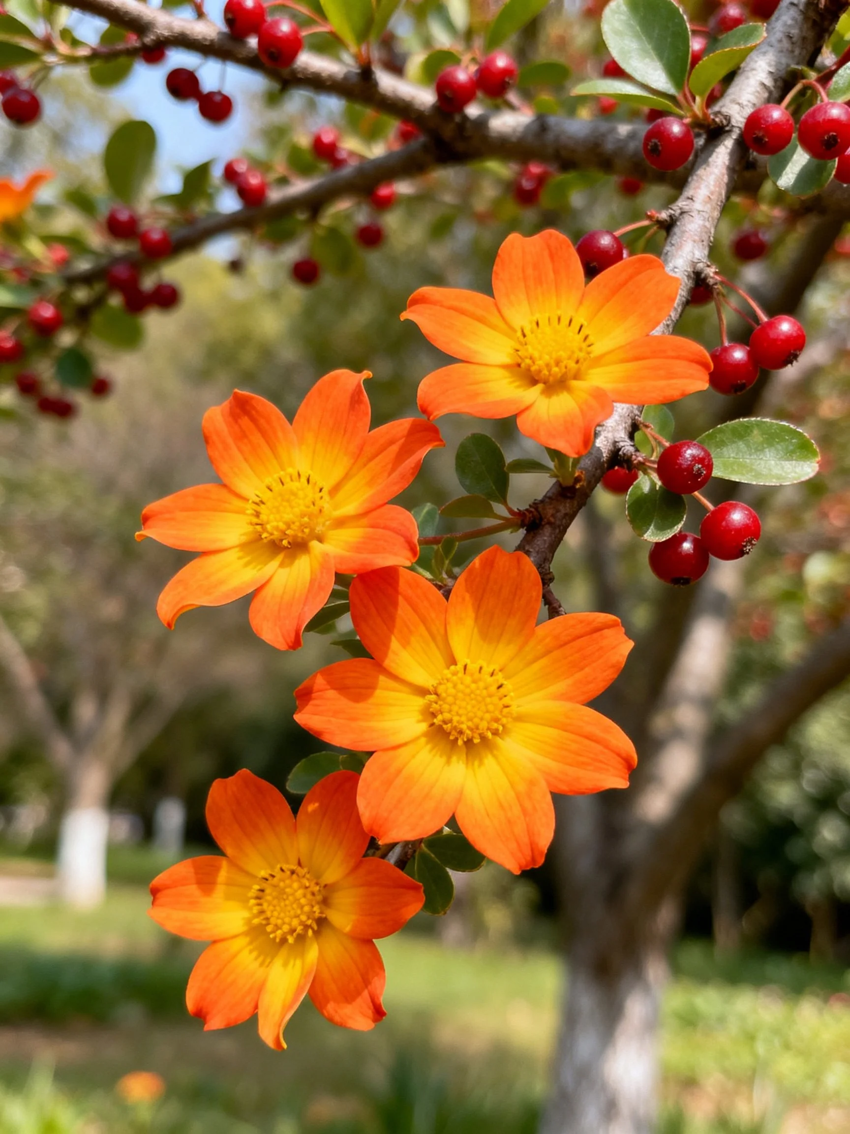 Vibrant orange flowers bloom amid red berries on a tree branch
