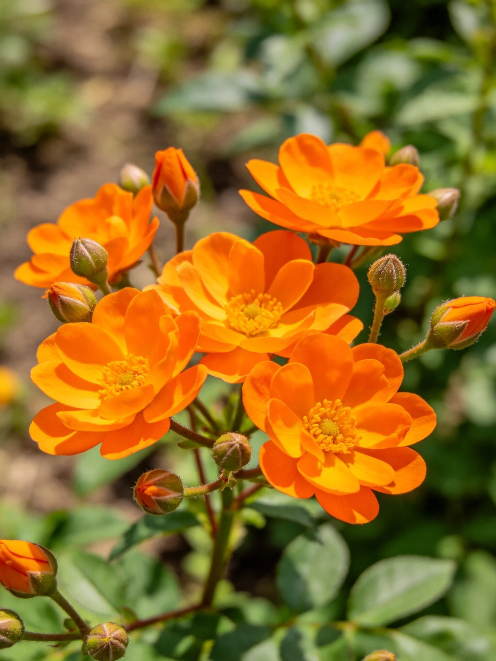 Vibrant orange flowers bloom among green foliage with unopened buds