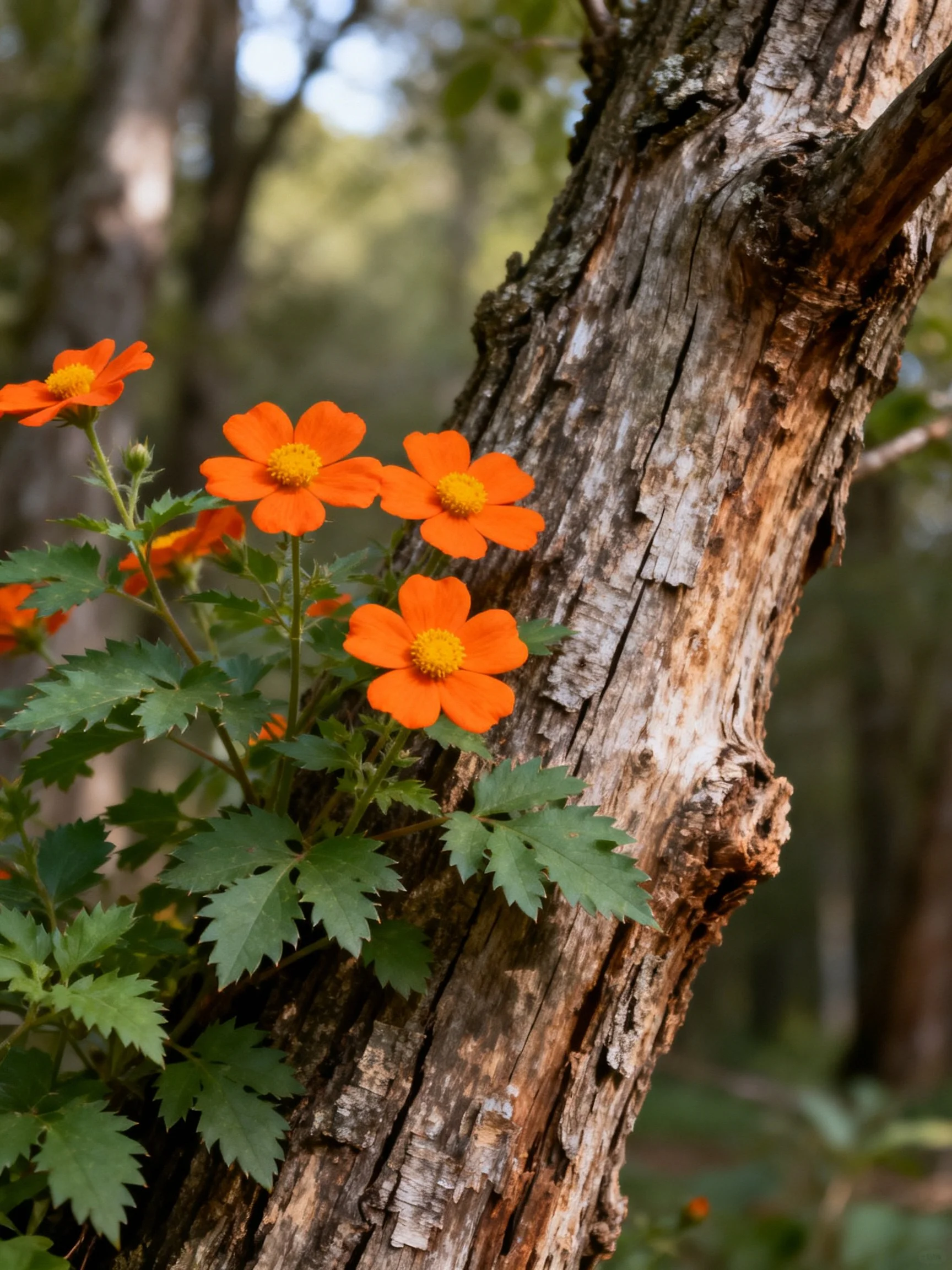 Vibrant orange flowers bloom beside an aged, textured tree trunk in a forest.