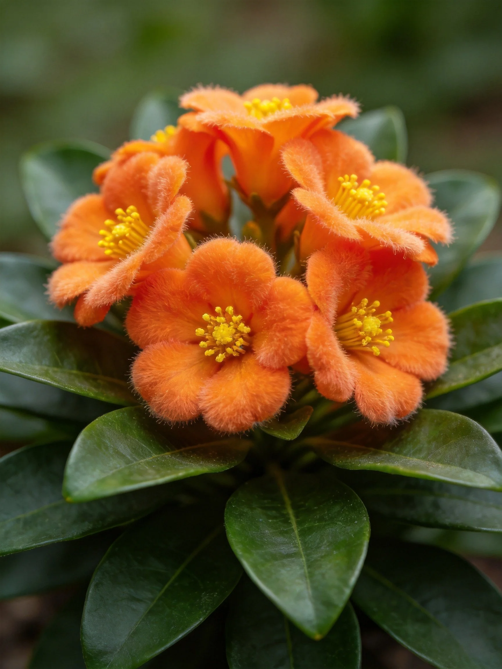 Vibrant orange flowers cluster among glossy green leaves