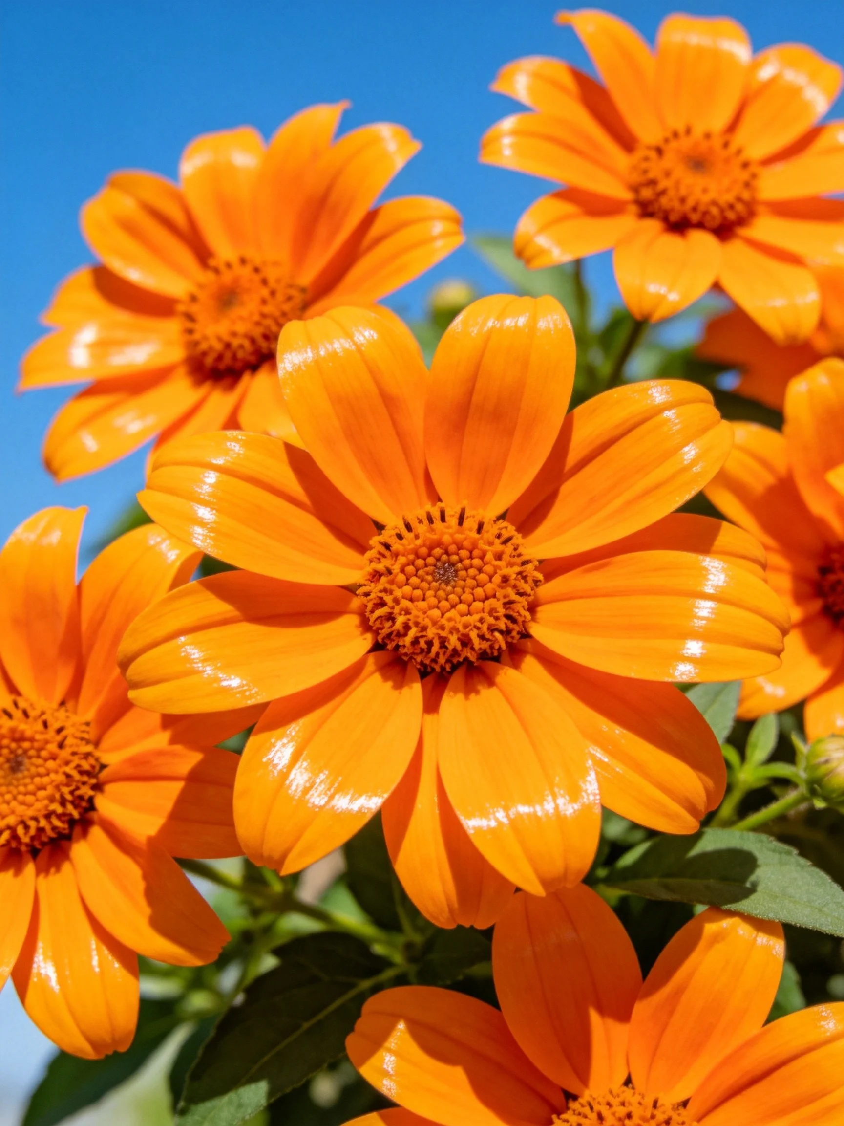 Vibrant orange flowers cluster densely under a clear blue sky