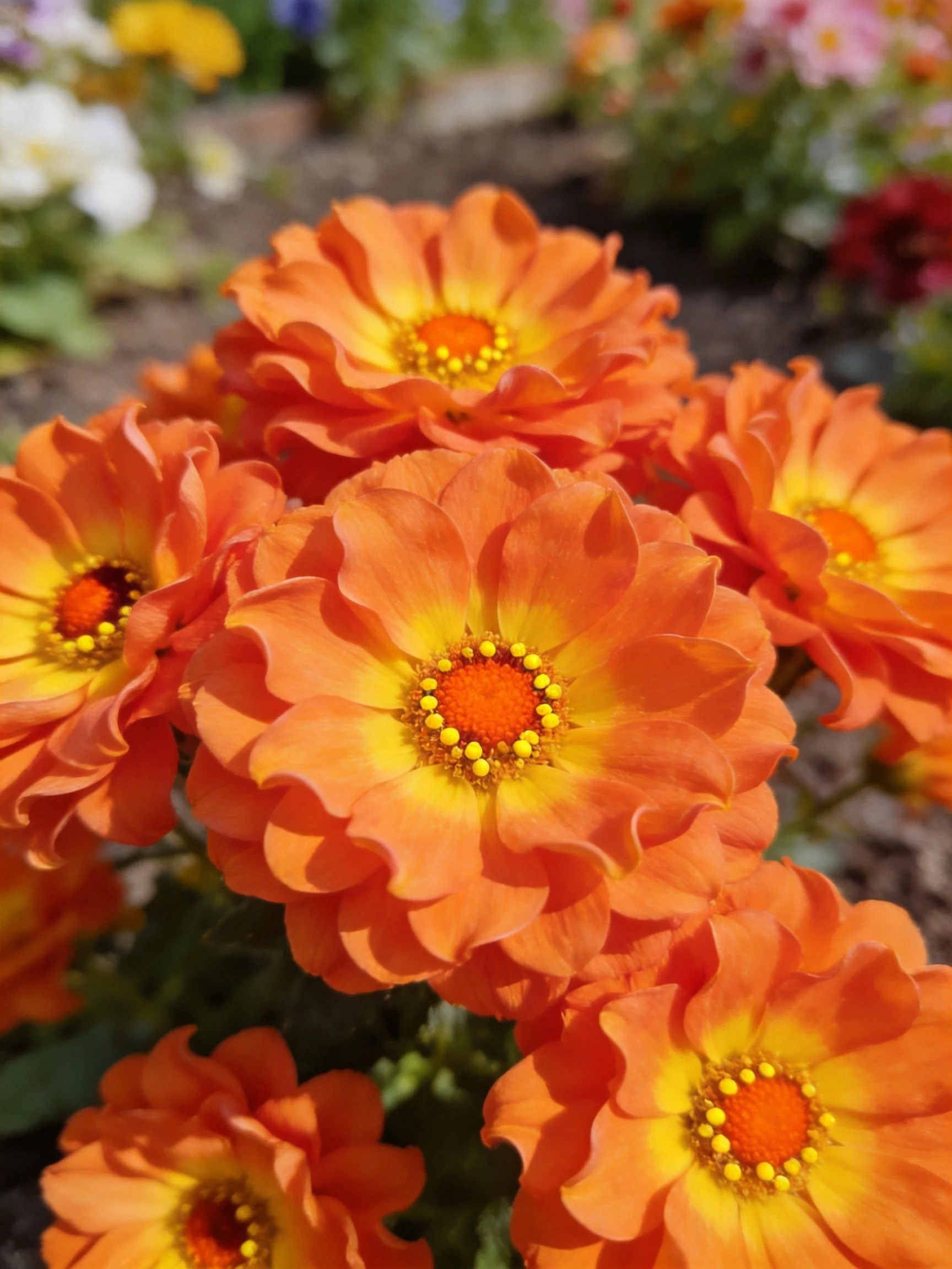 Vibrant orange flowers cluster in a sunny garden bed