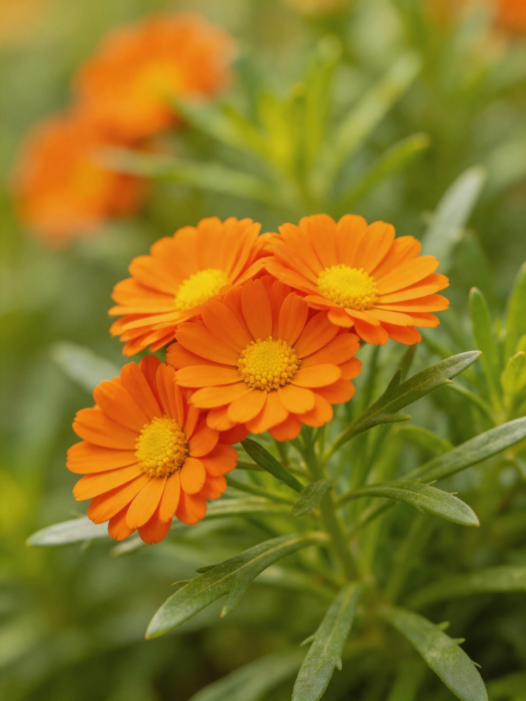 Vibrant orange flowers clustered among lush green foliage