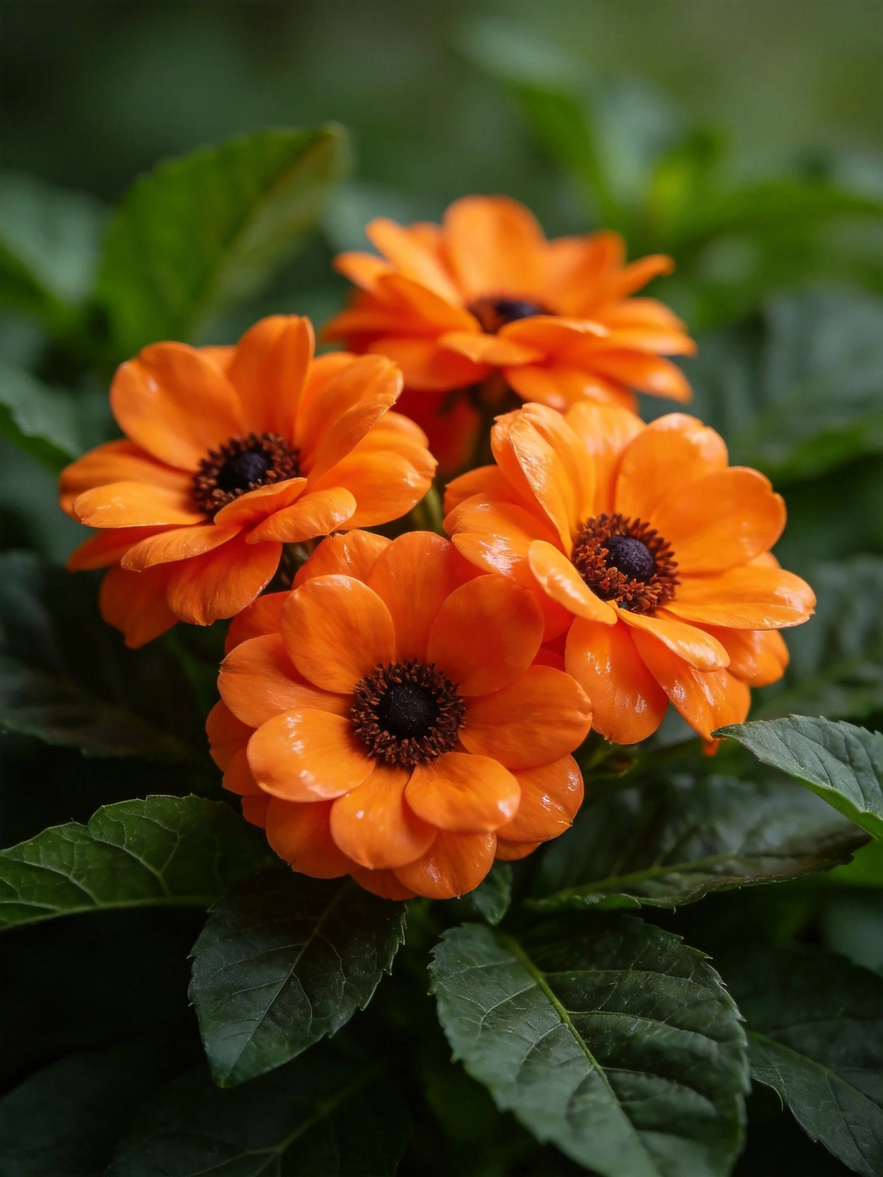 Vibrant orange flowers clustered among lush green foliage