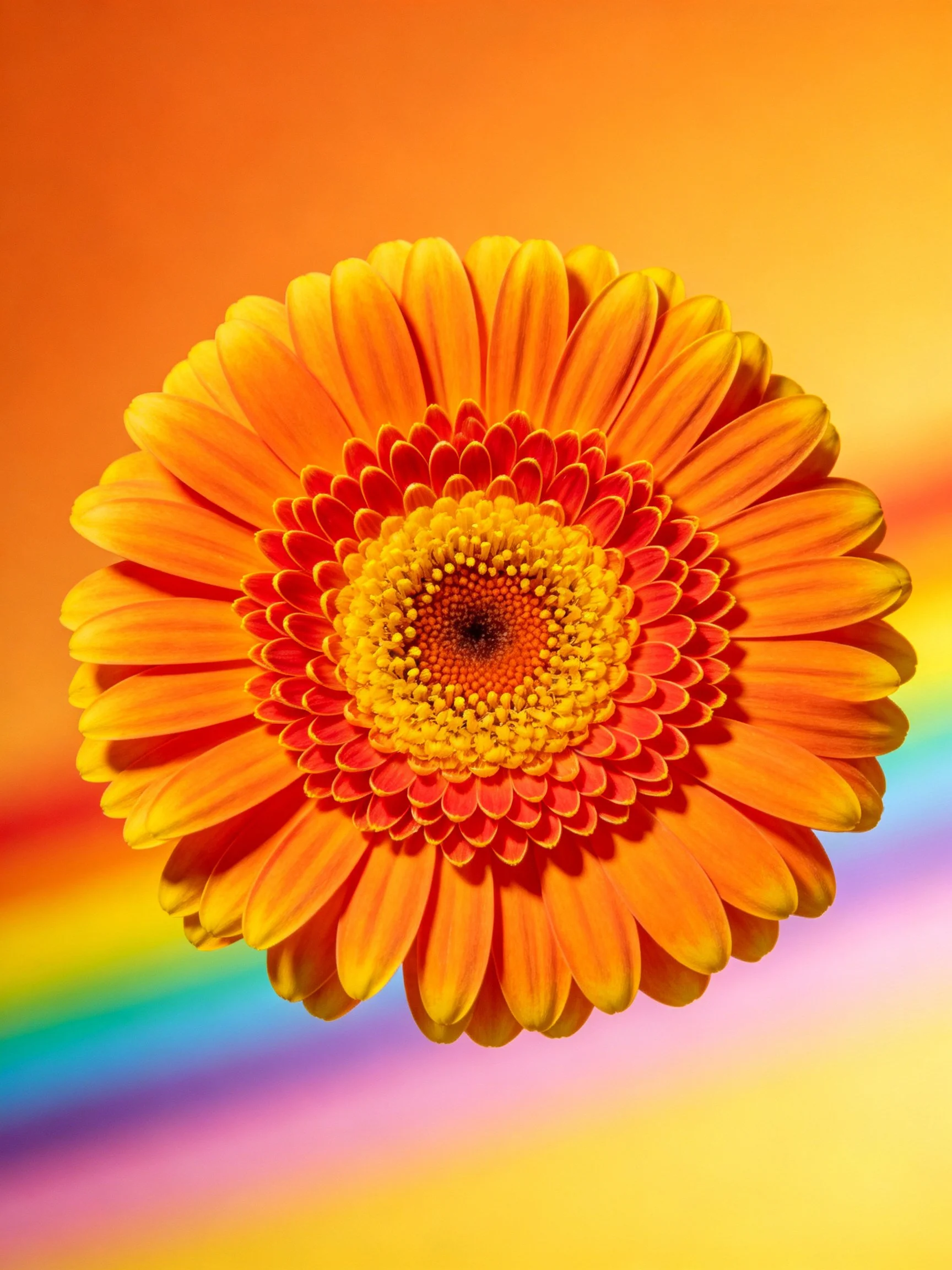 Vibrant orange gerbera daisy with rainbow gradient background