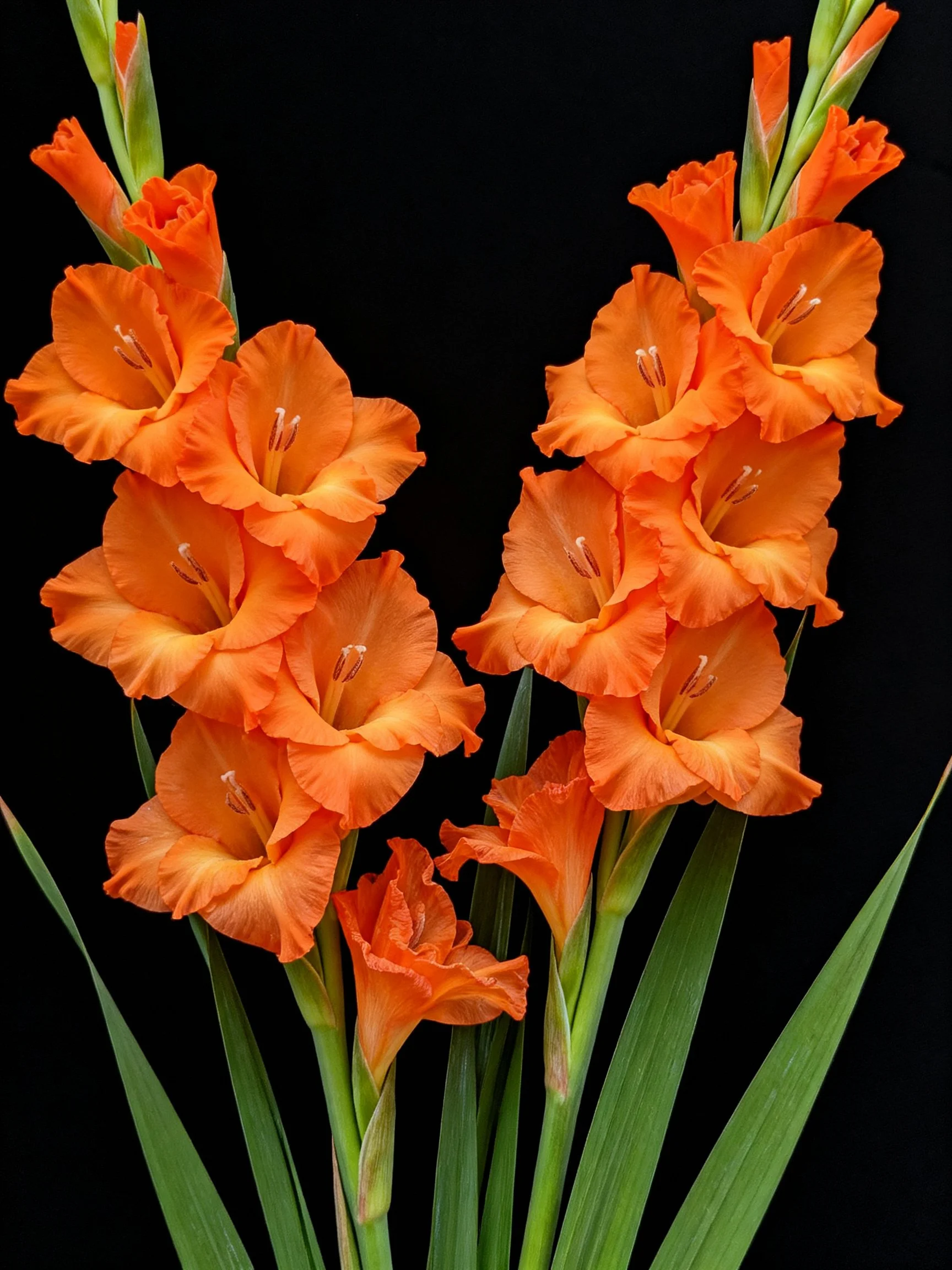 Vibrant orange gladiolus blooms arranged vertically against a black backdrop