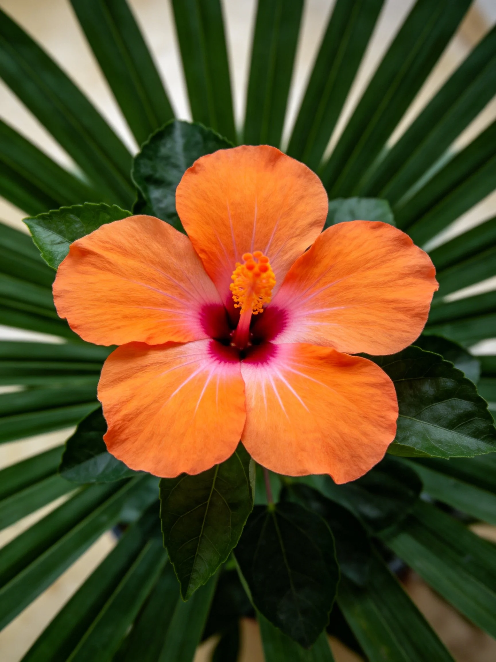 Vibrant orange hibiscus flower with dark green fan-shaped leaves