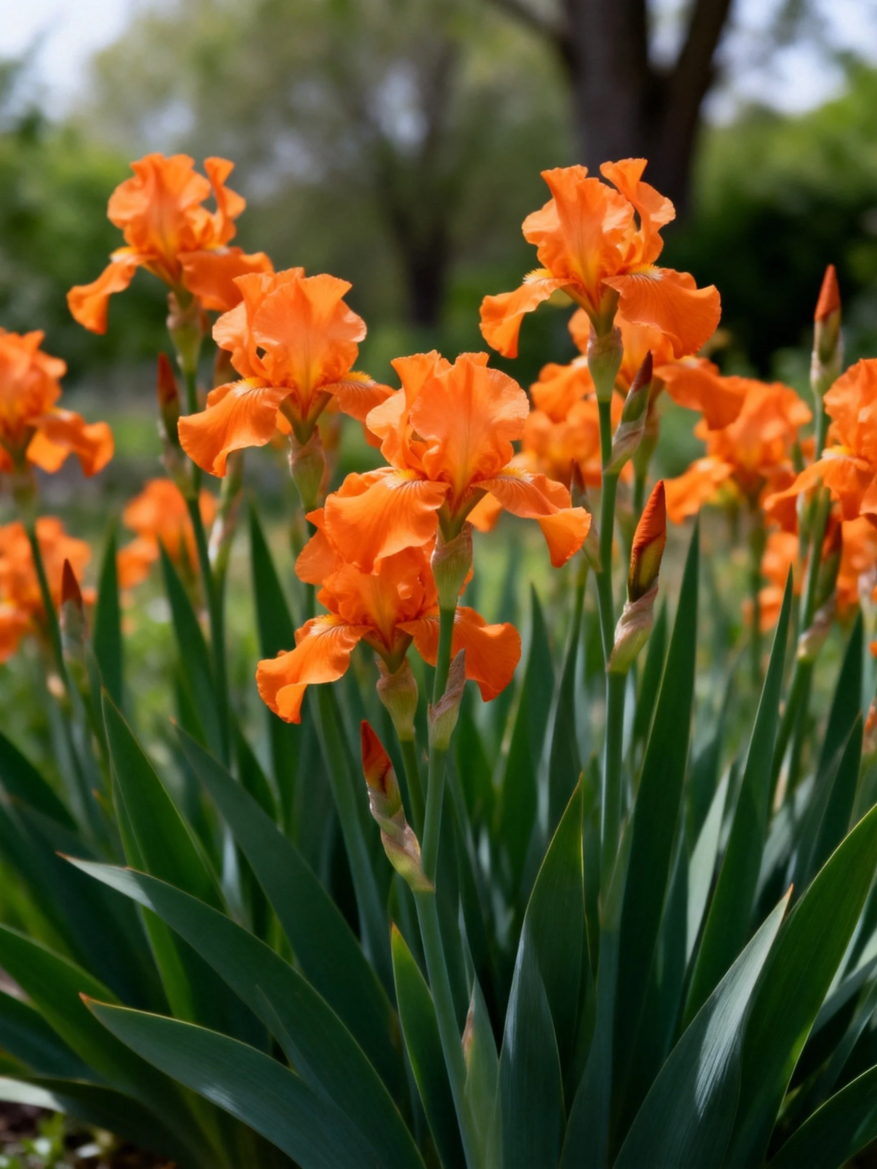 Vibrant orange iris flowers with lush green foliage