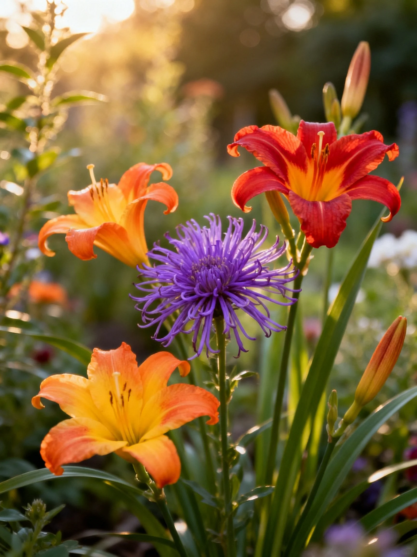 Vibrant orange lilies and a purple bloom in a sunlit garden