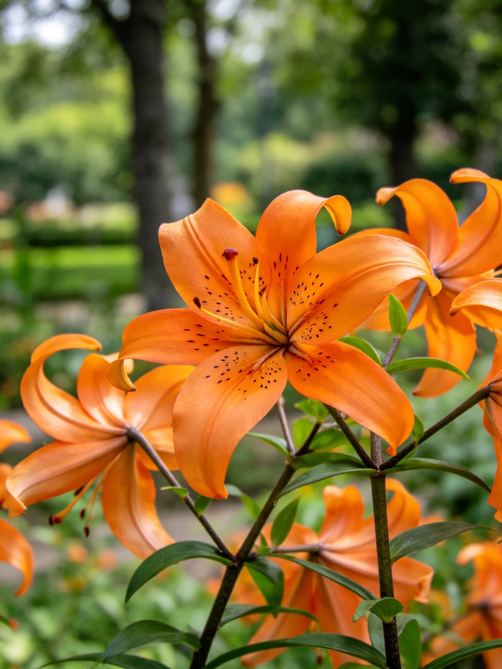 Vibrant orange lilies bloom amid lush green foliage in a sunlit garden