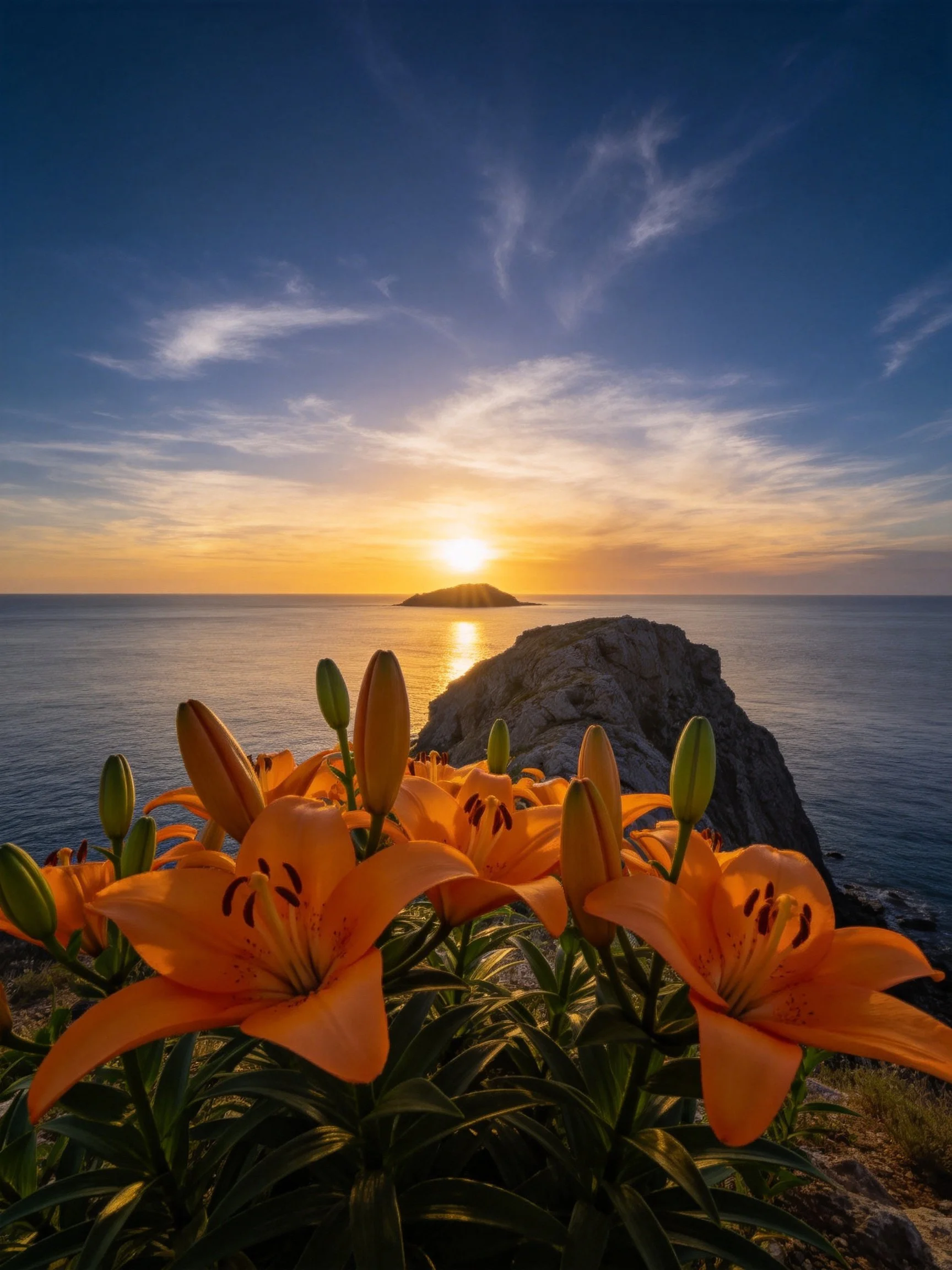 Vibrant orange lilies bloom near rocky cliffs at sunset over calm seas