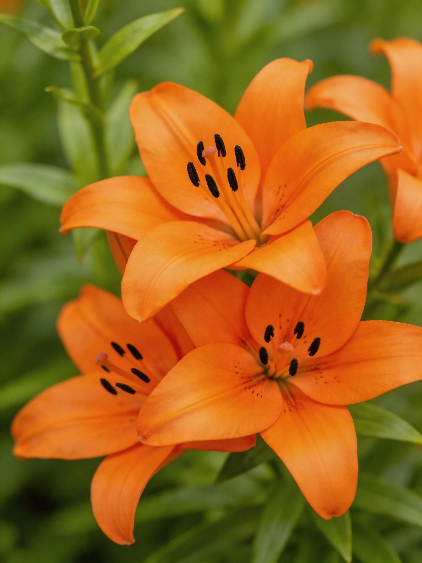 Vibrant orange lilies with dark stamens among green foliage