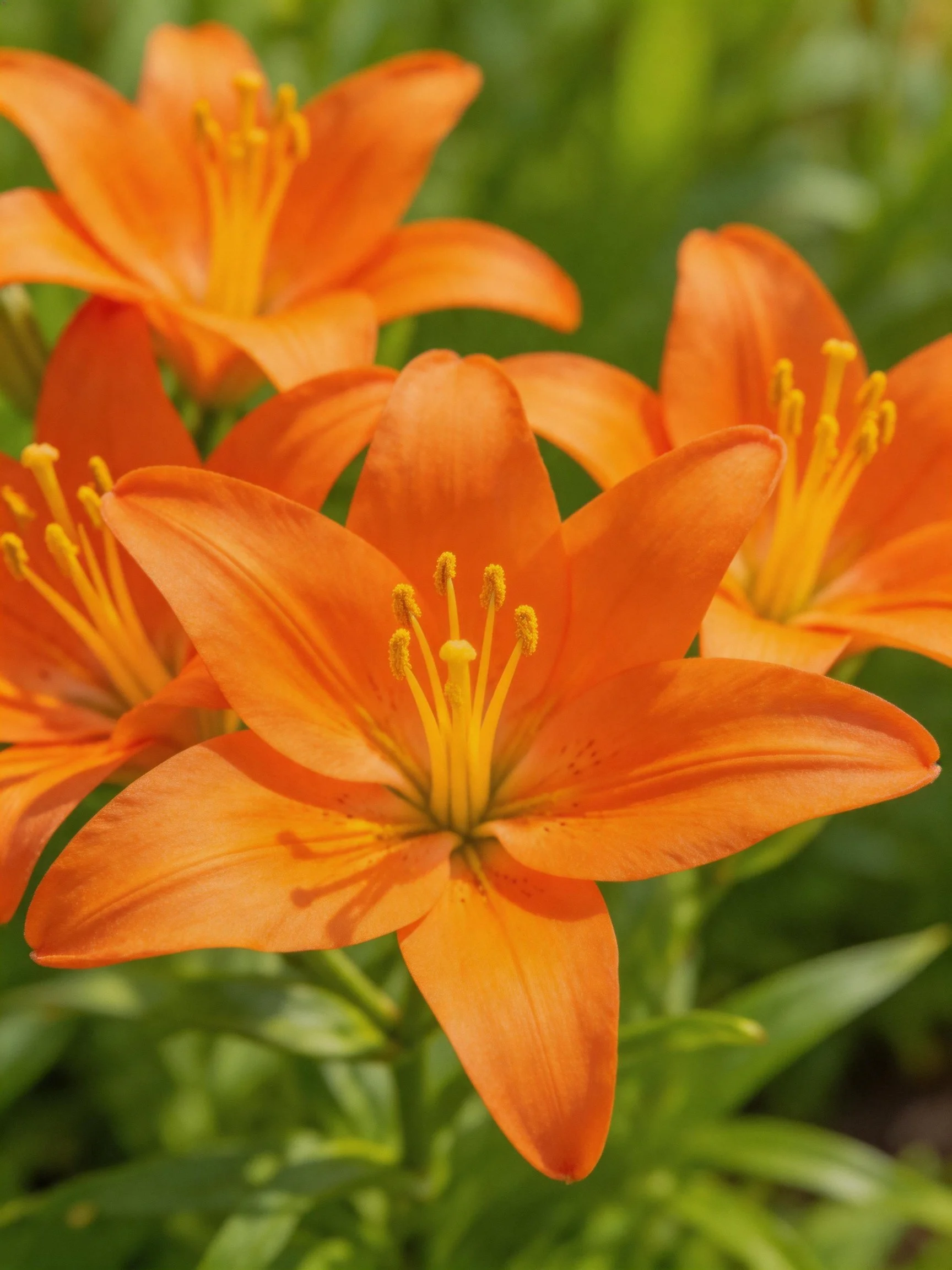 Vibrant orange lilies with yellow stamens among green foliage
