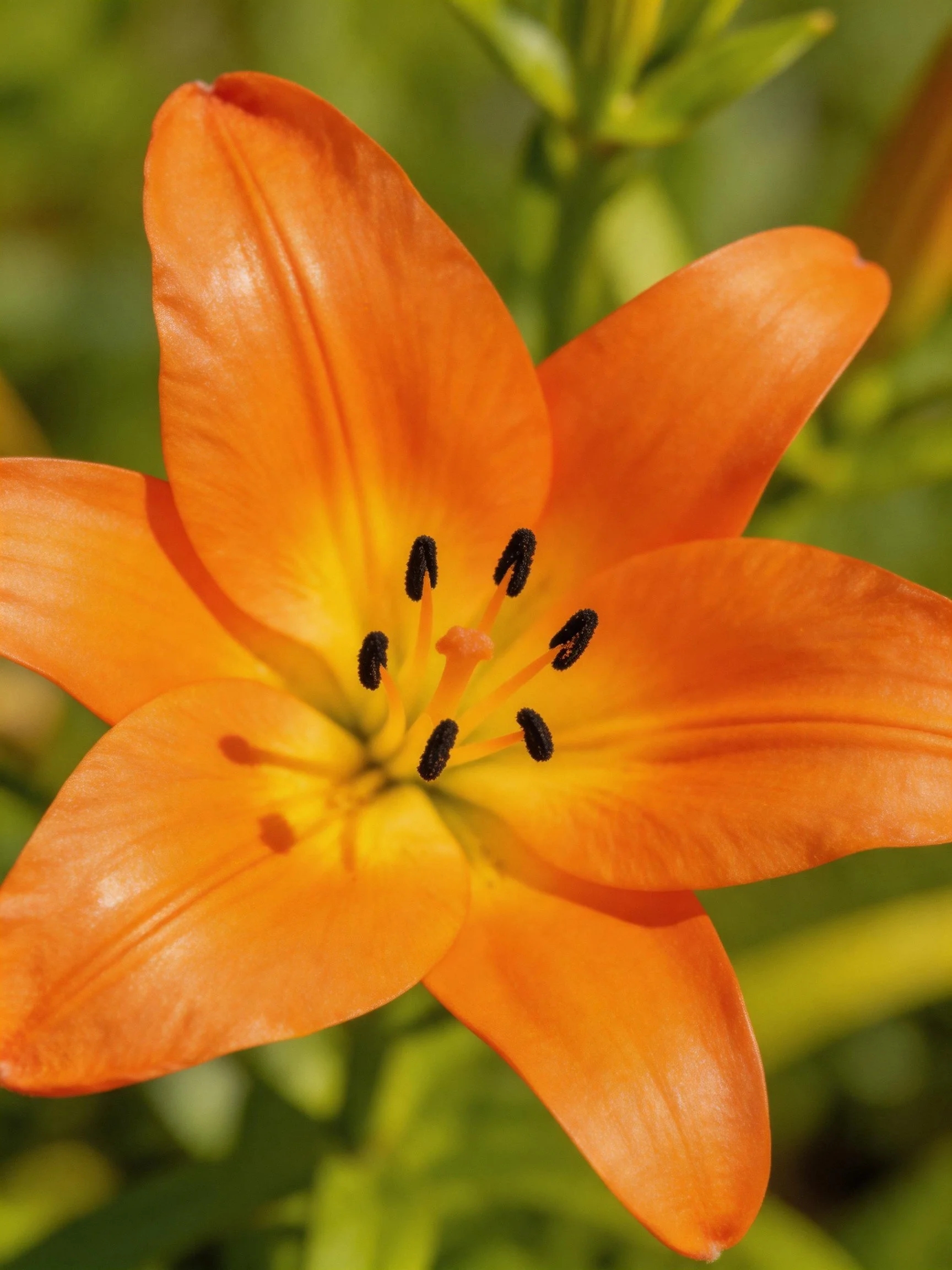Vibrant orange lily with yellow center and dark stamens