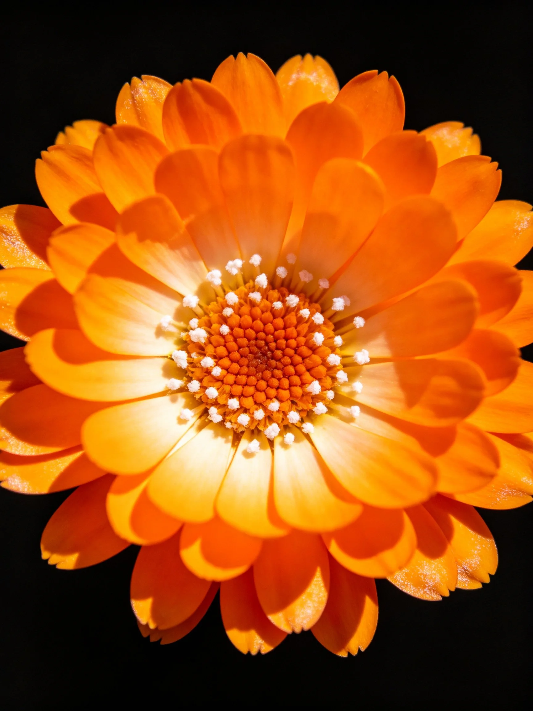 Vibrant orange marigold flower against a black background