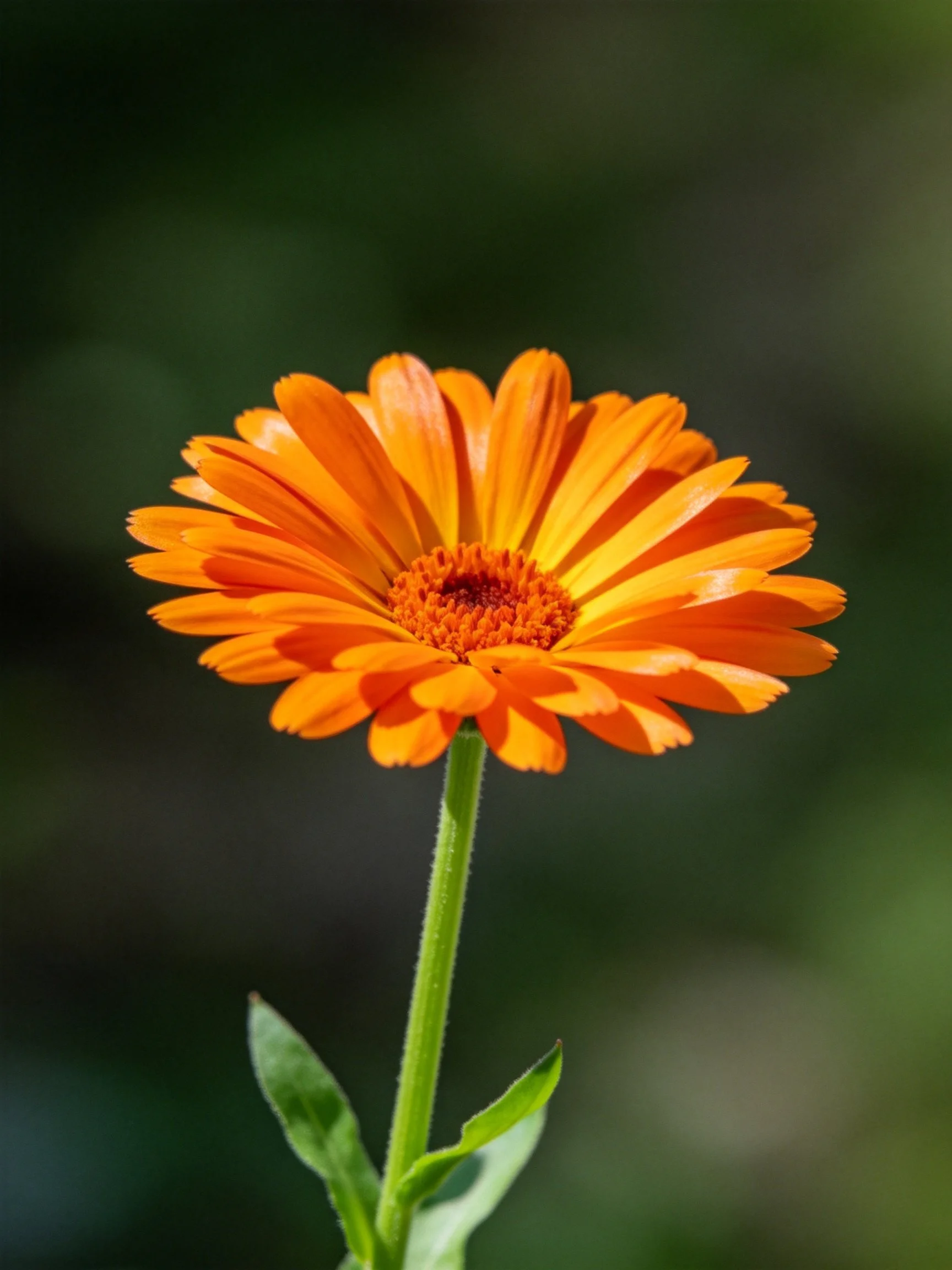 Vibrant orange marigold flower with green stem and leaves