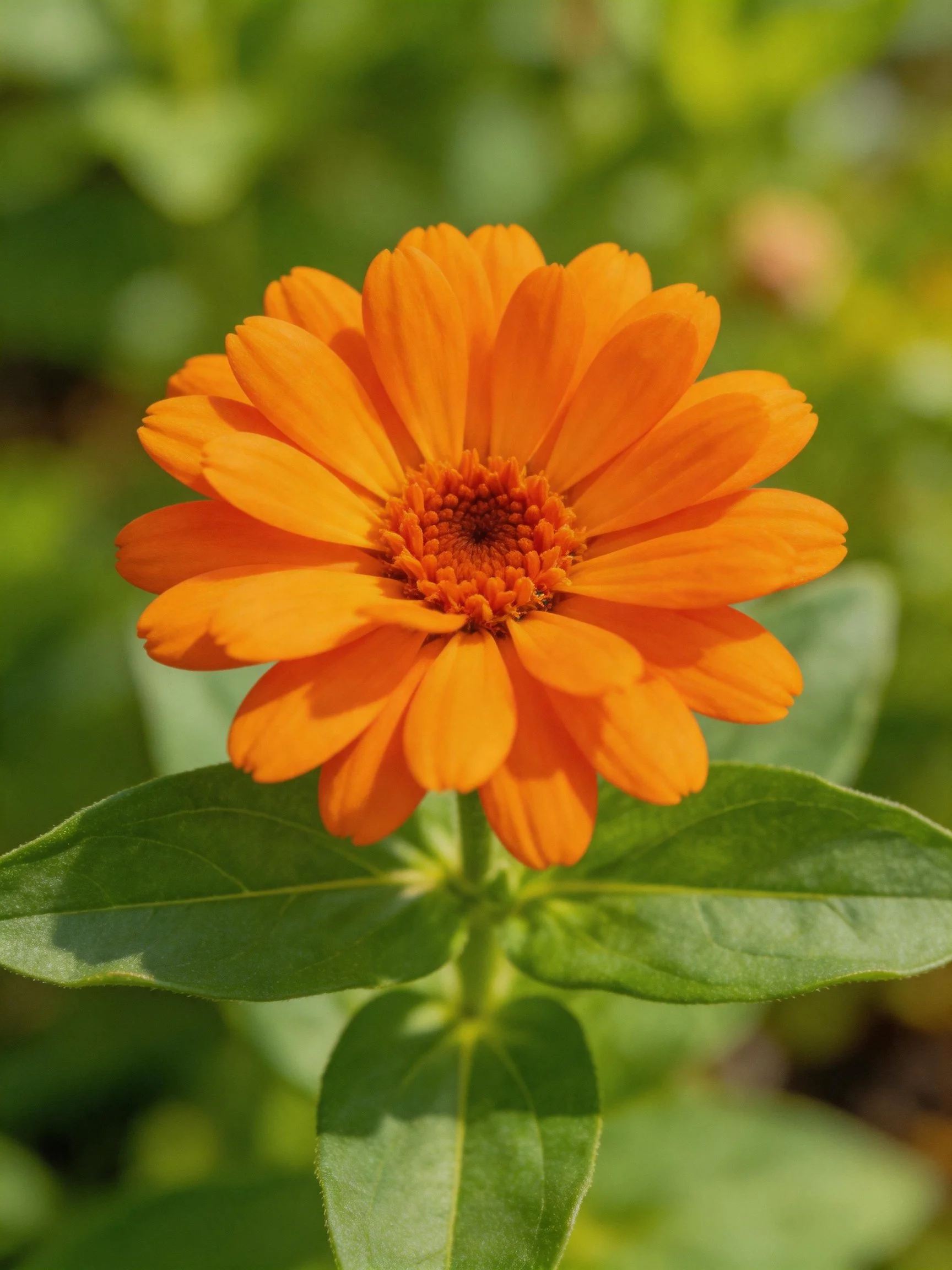 Vibrant orange marigold flower with lush green leaves