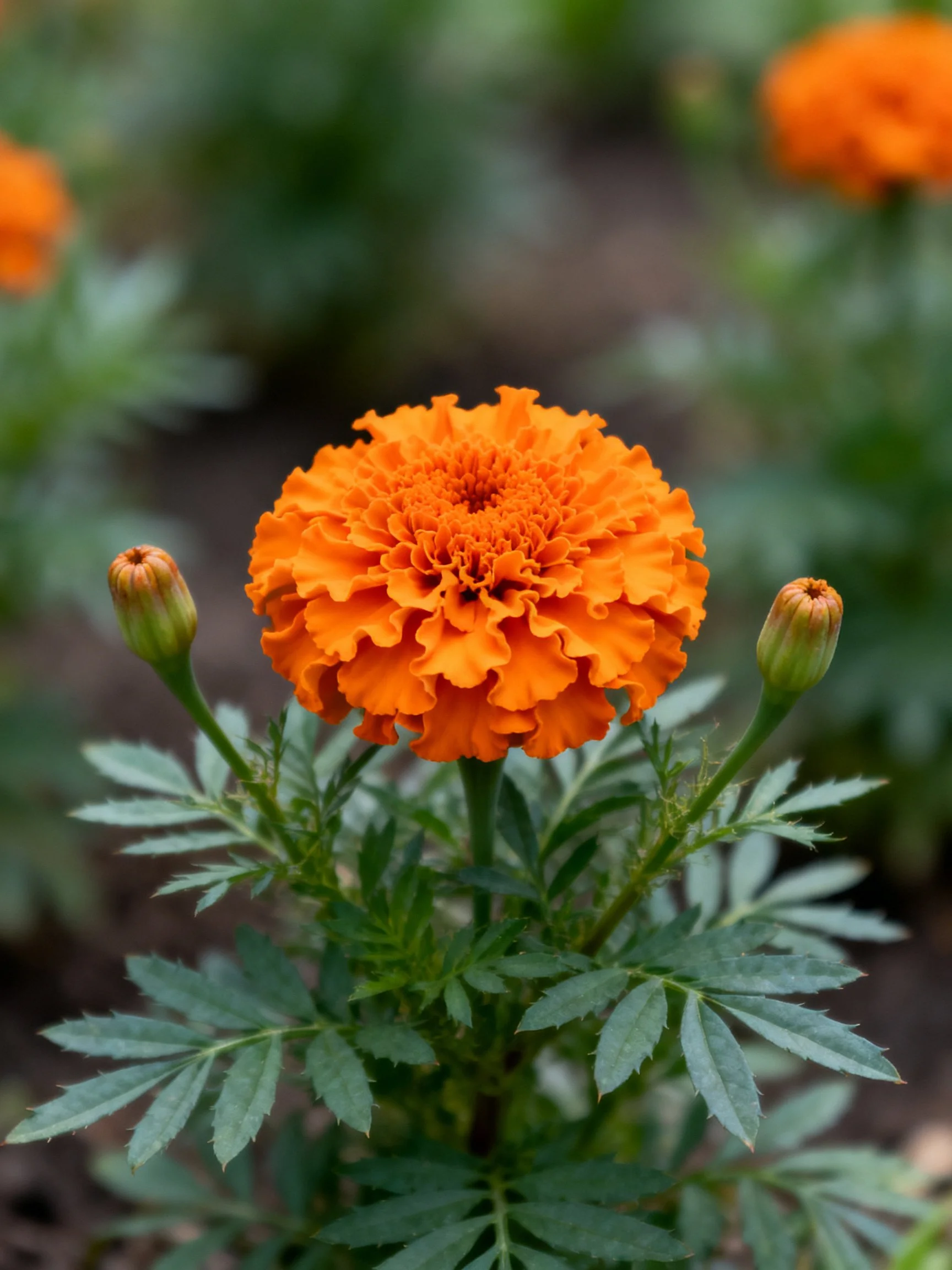 Vibrant orange marigold flower with two unopened buds