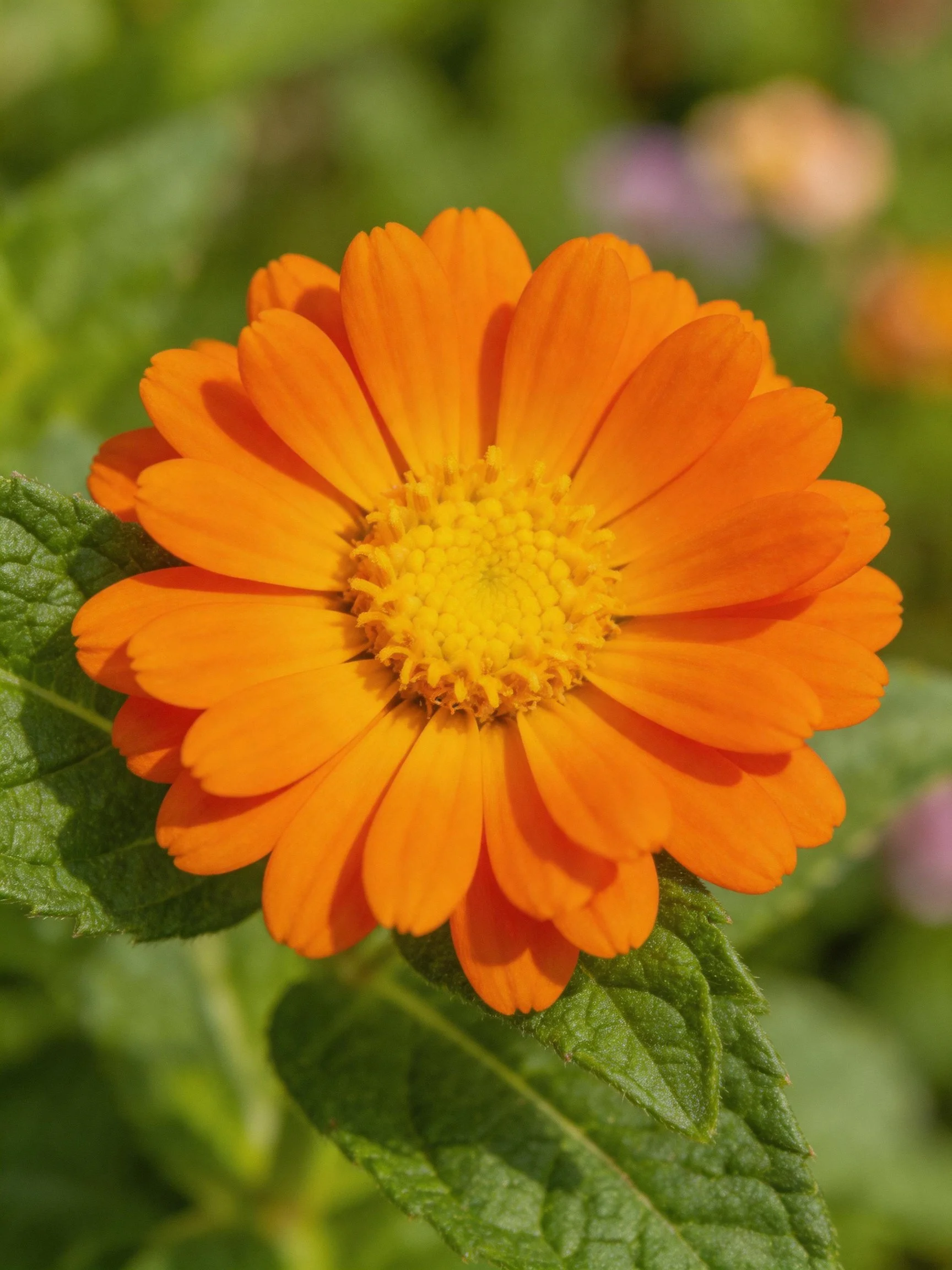 Vibrant orange marigold flower with yellow center and green leaves