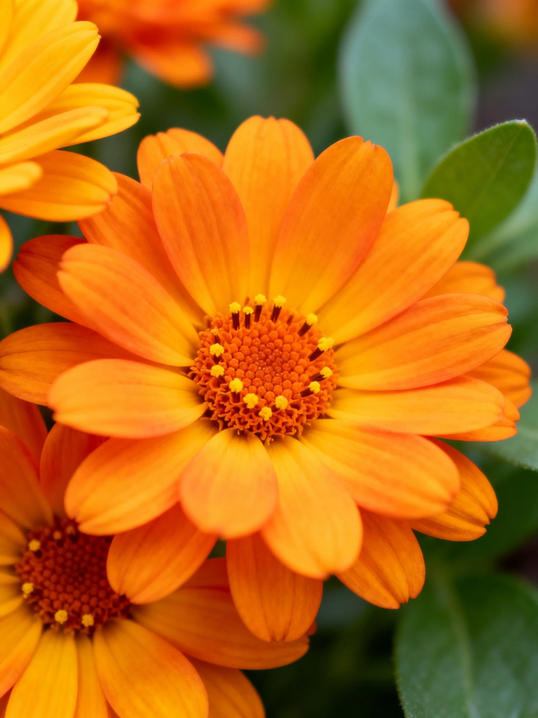 Vibrant orange marigold flowers with green foliage close - up