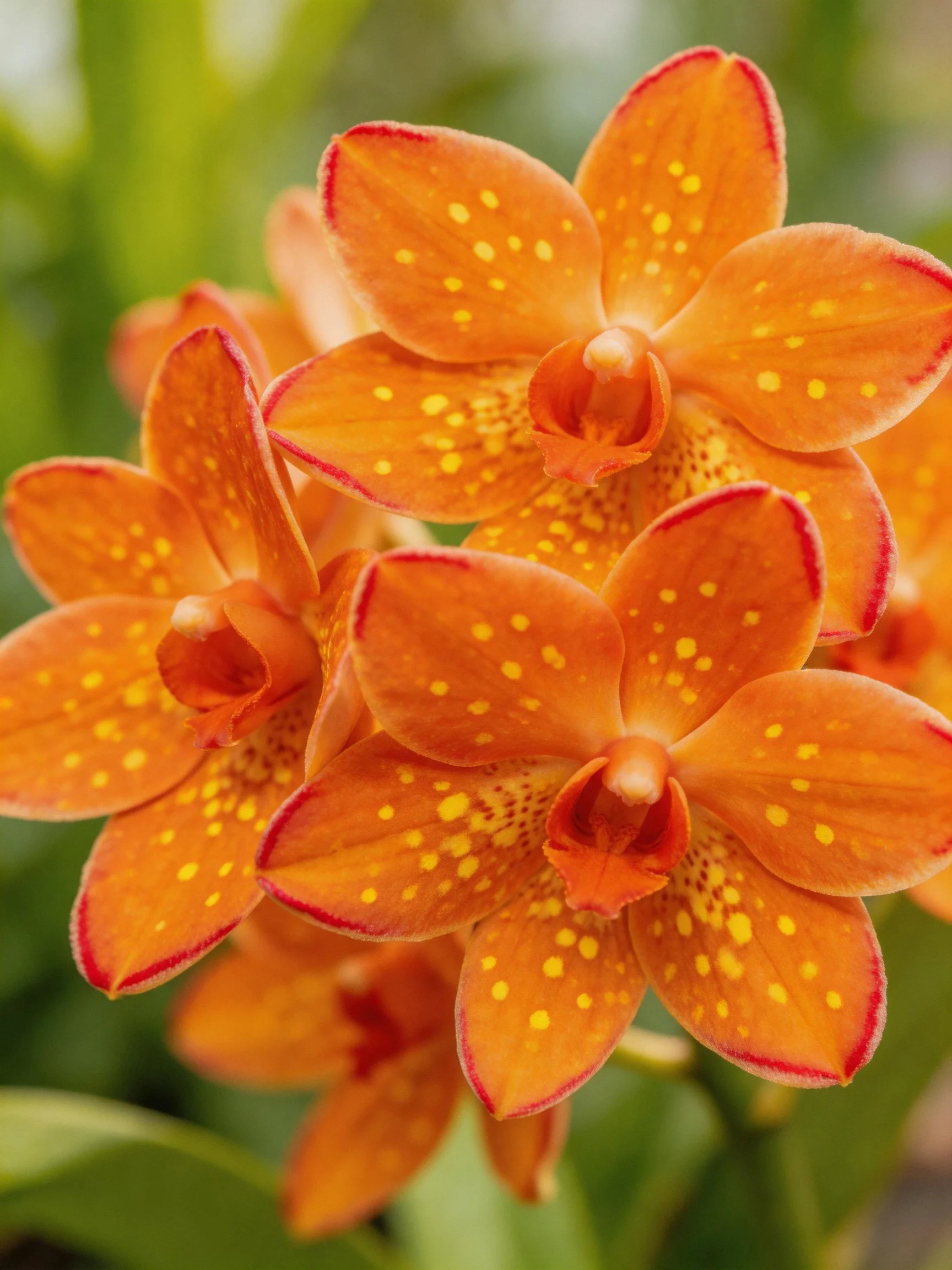 Vibrant orange orchids with yellow speckles clustered