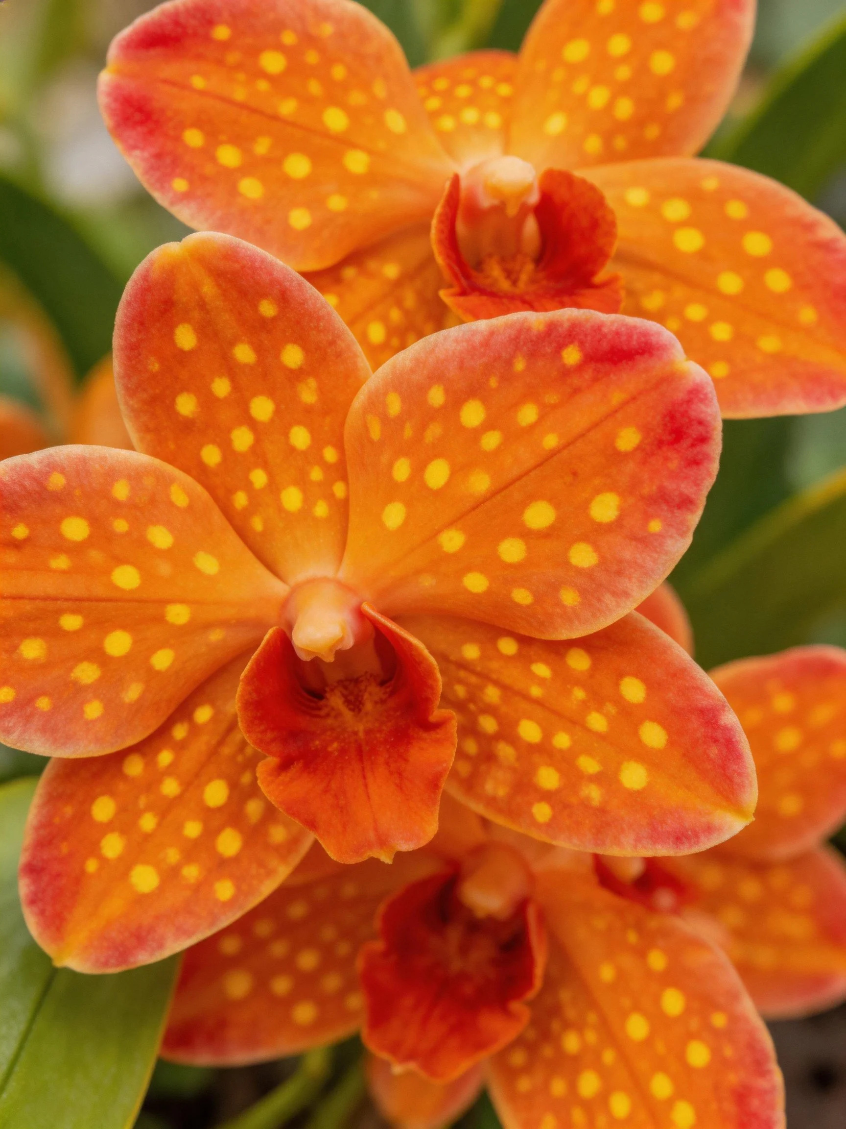 Vibrant orange orchids with yellow spots clustered together