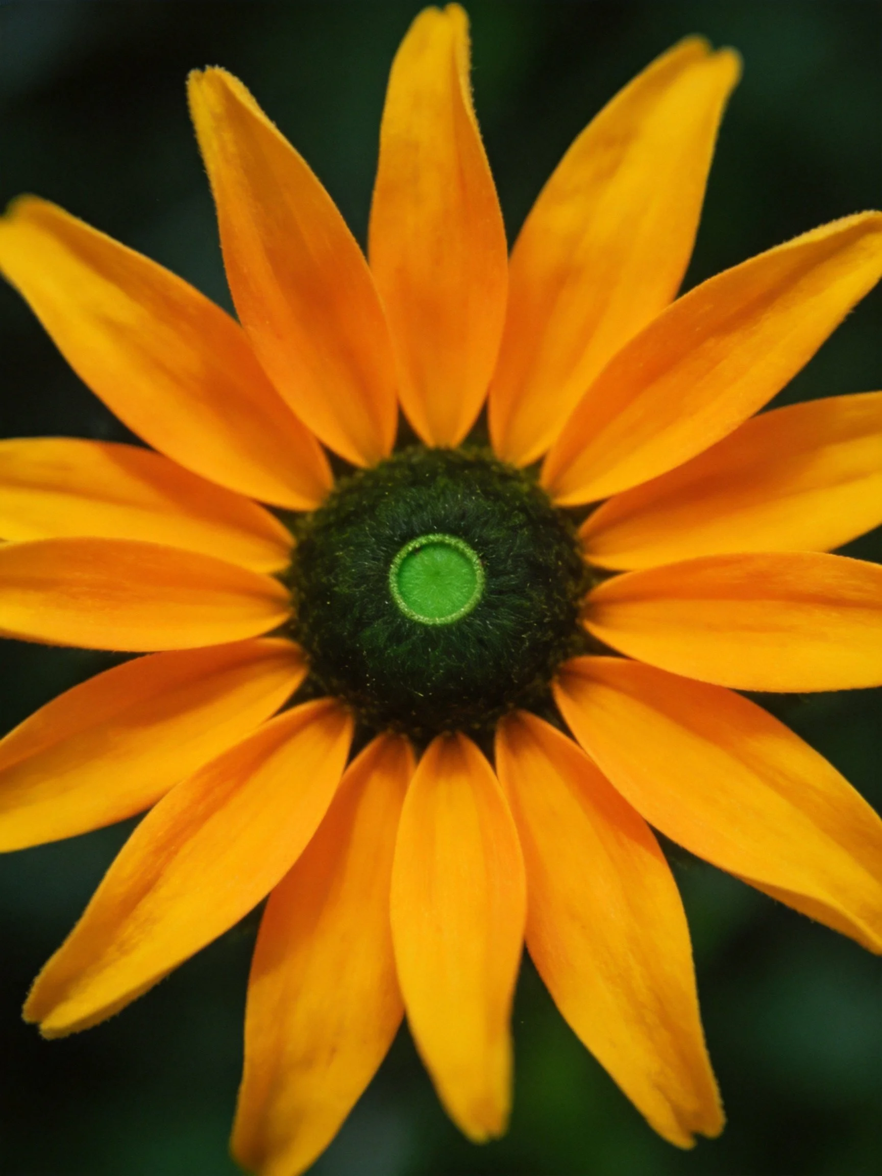 Vibrant orange petals encircle a dark green central disk
