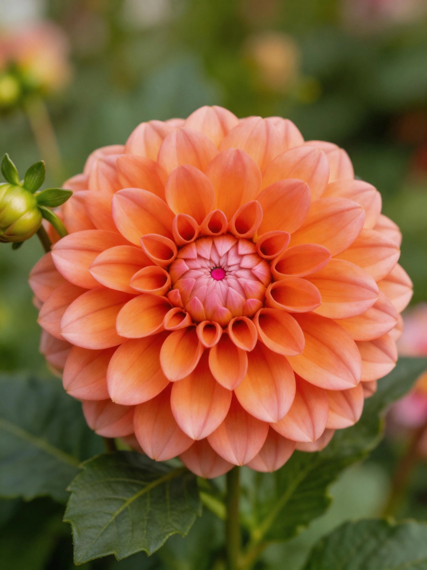 Vibrant orange-pink dahlia with layered petals and green foliage