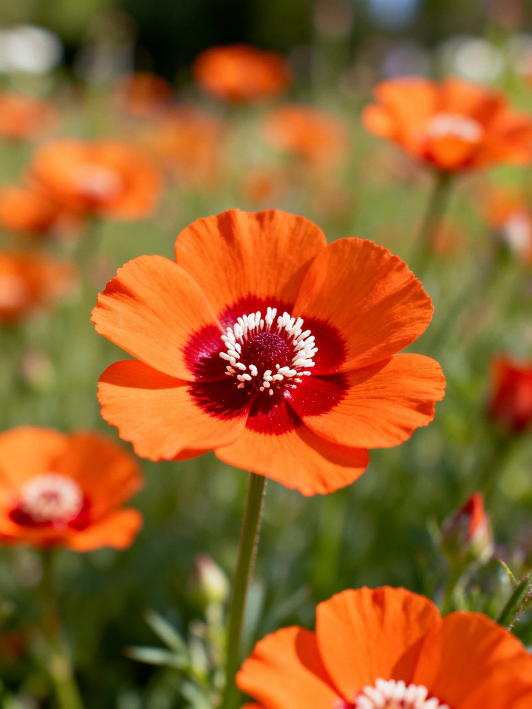 Vibrant orange poppies with deep red centers in a sun-drenched meadow
