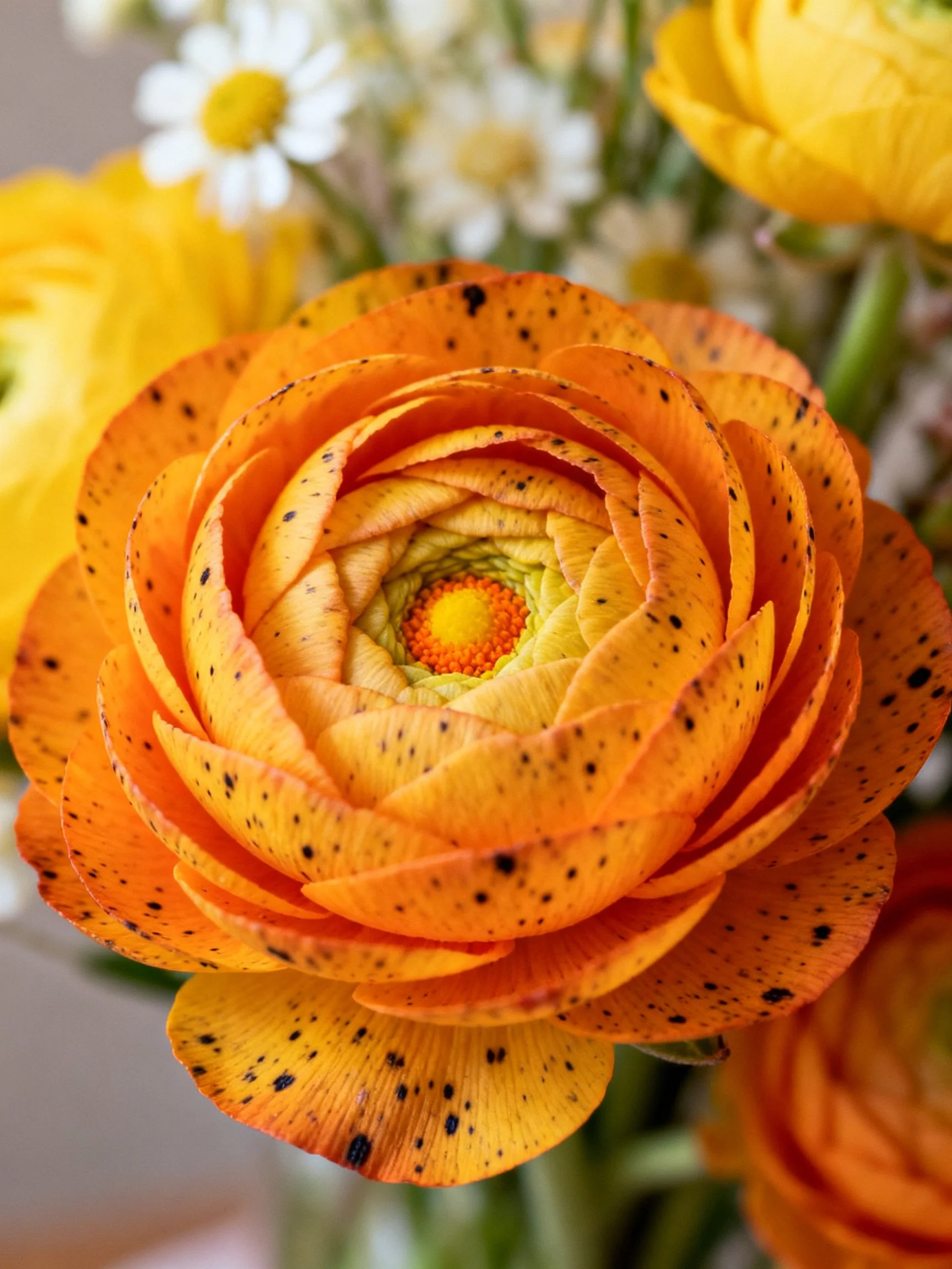 Vibrant orange ranunculus with black spots amid yellow and white flowers