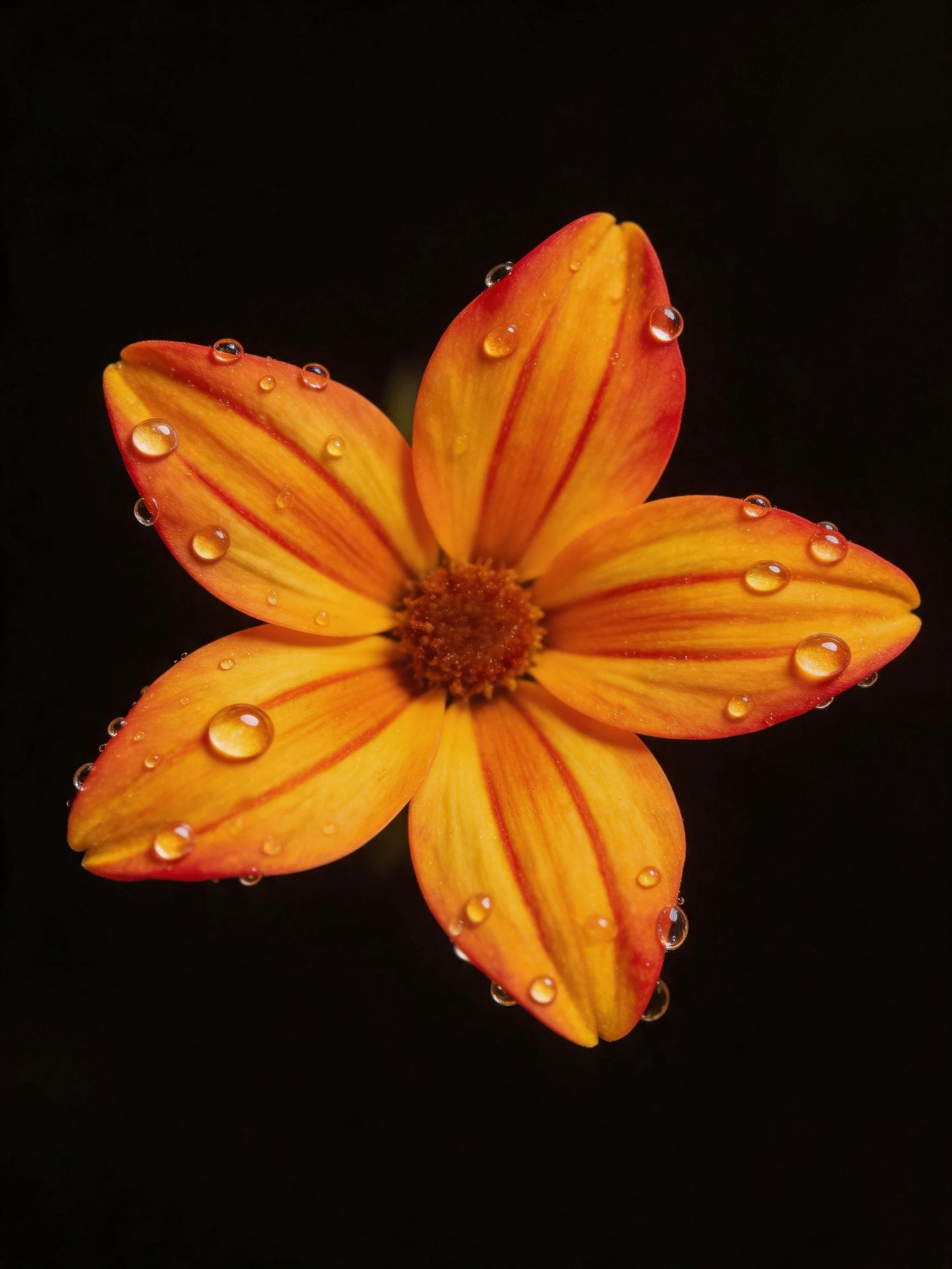 Vibrant orange-red flower with water droplets on five petals