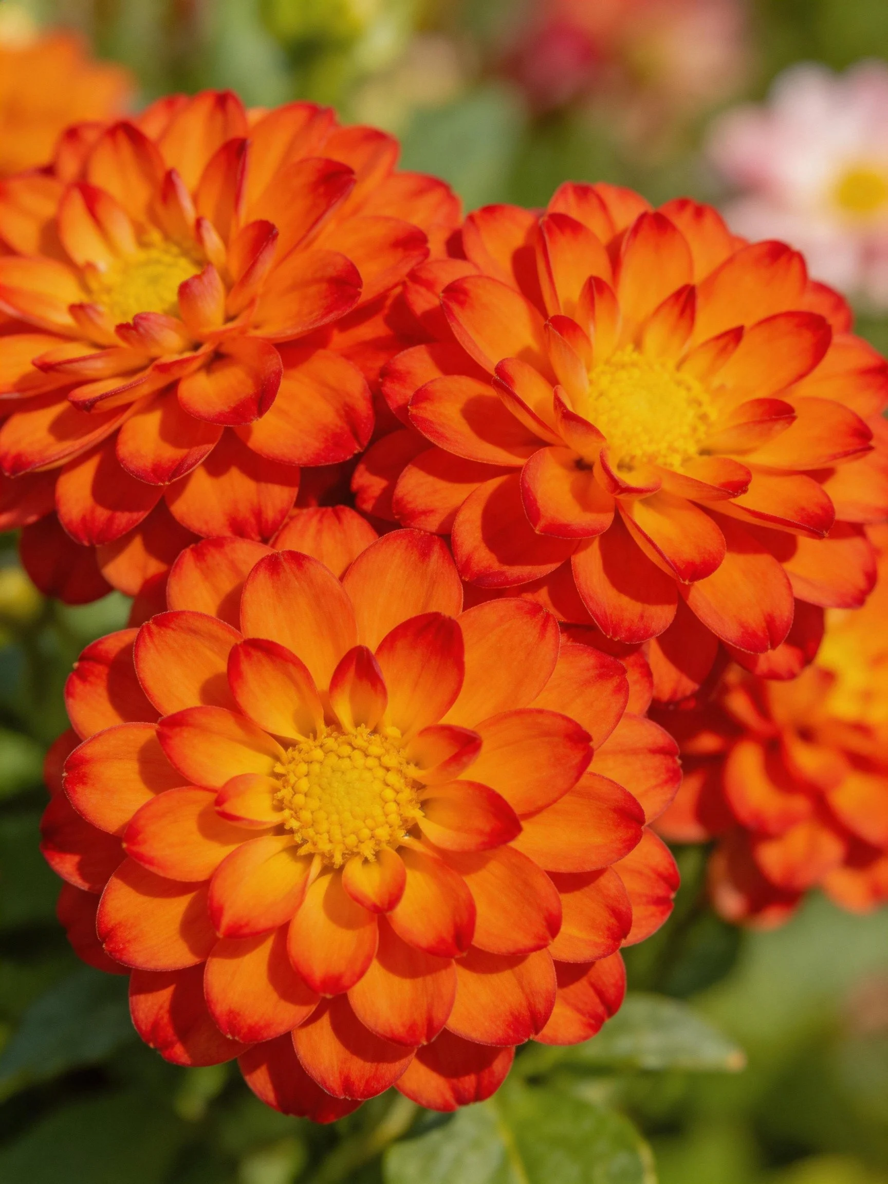 Vibrant orange-red flowers with yellow centers clustered closely