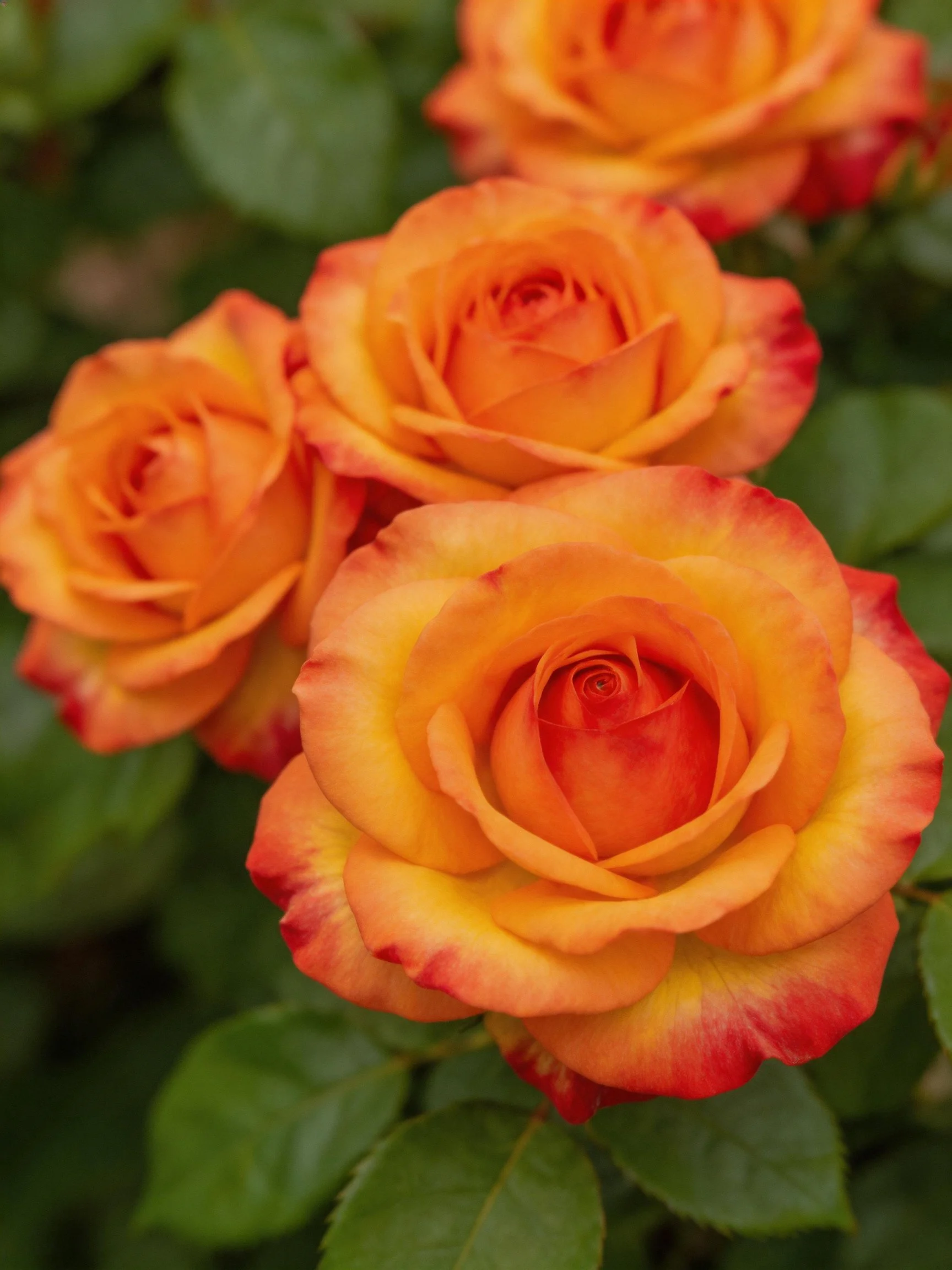 Vibrant orange-red roses with lush green foliage