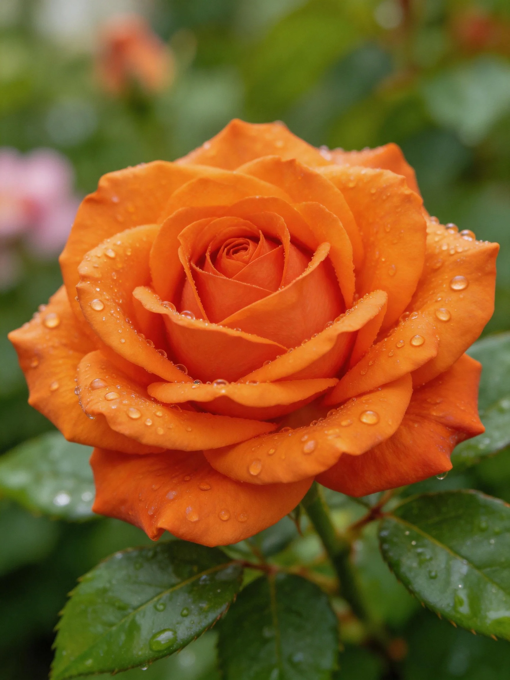 Vibrant orange rose adorned with dewdrops