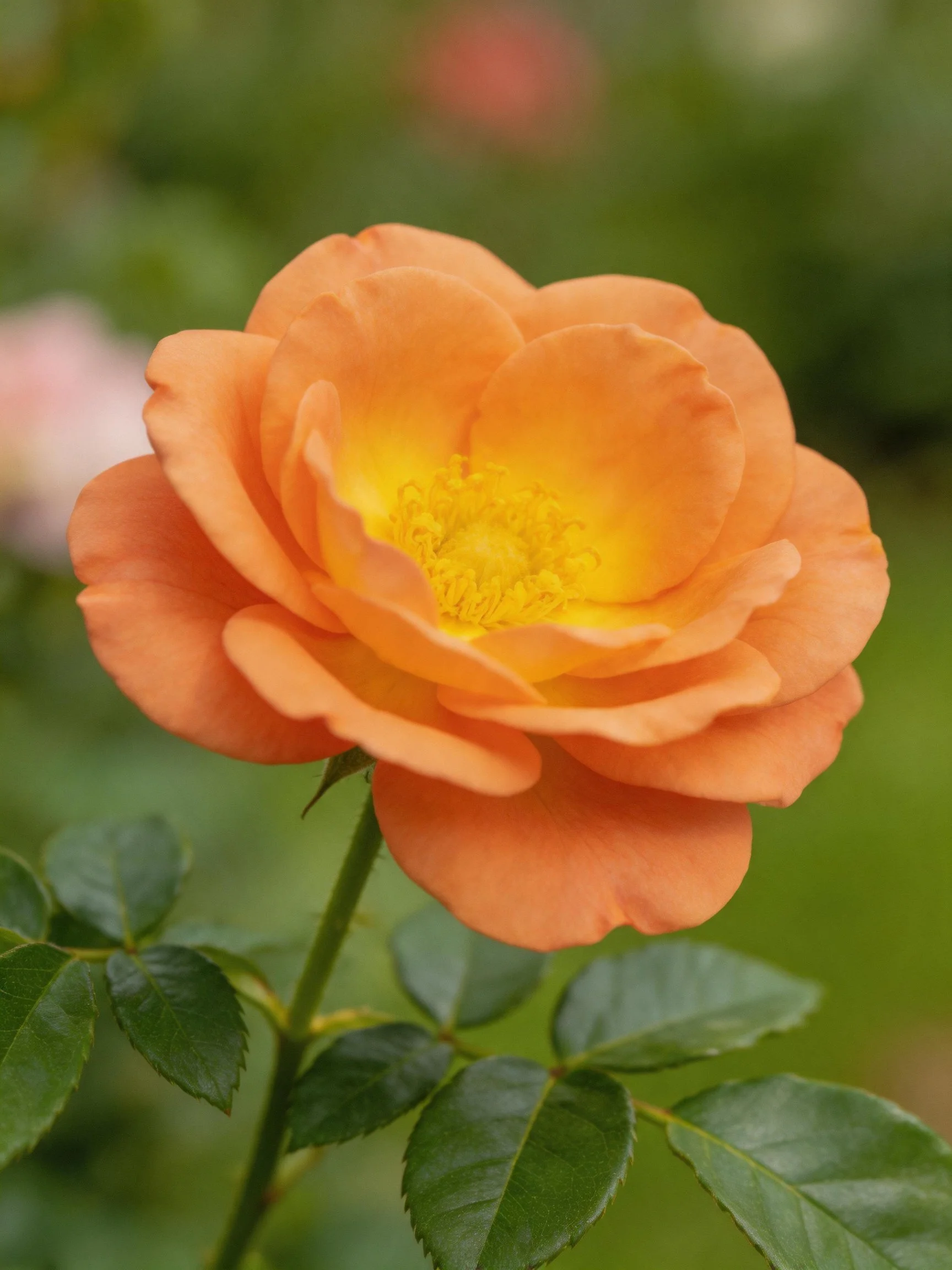 Vibrant orange rose bloom with yellow center and green leaves