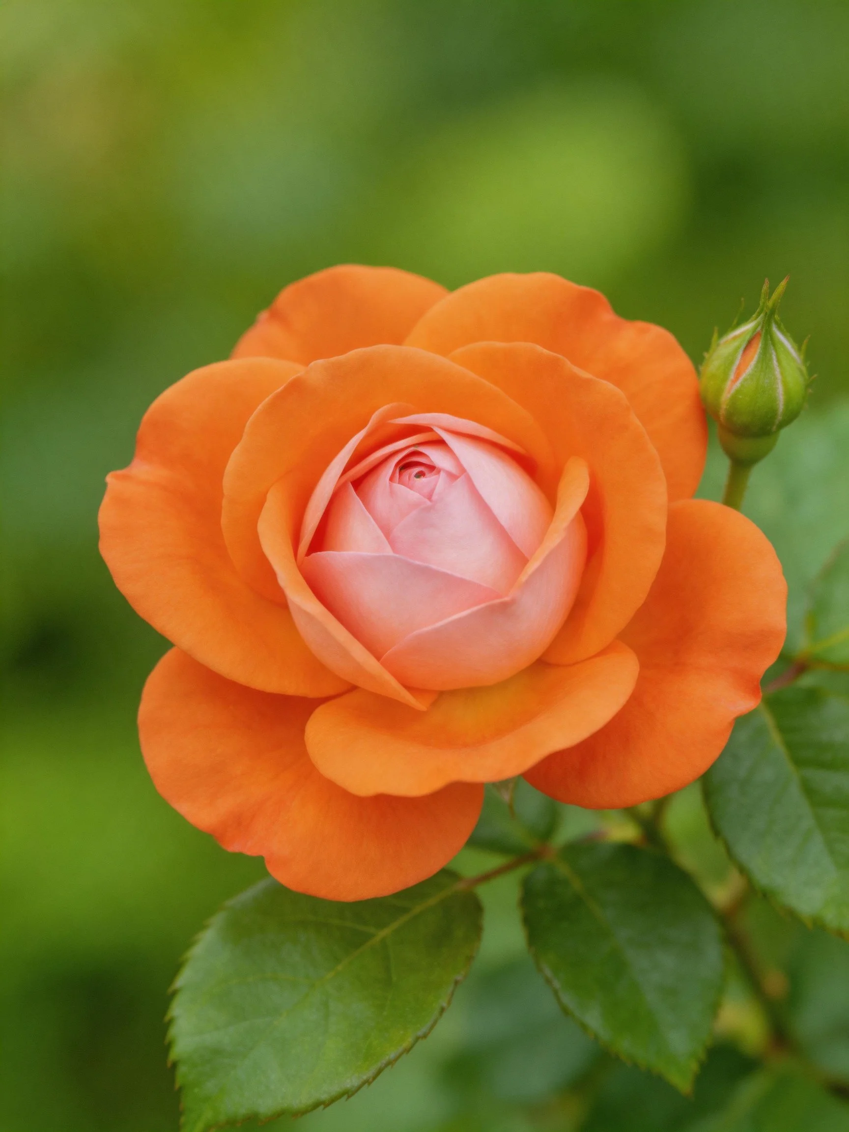 Vibrant orange rose in full bloom with a green bud nearby