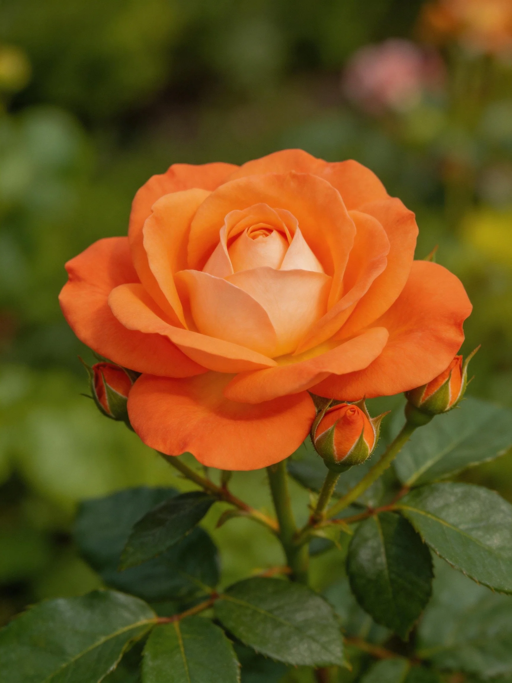 Vibrant orange rose in full bloom with green buds and glossy leaves