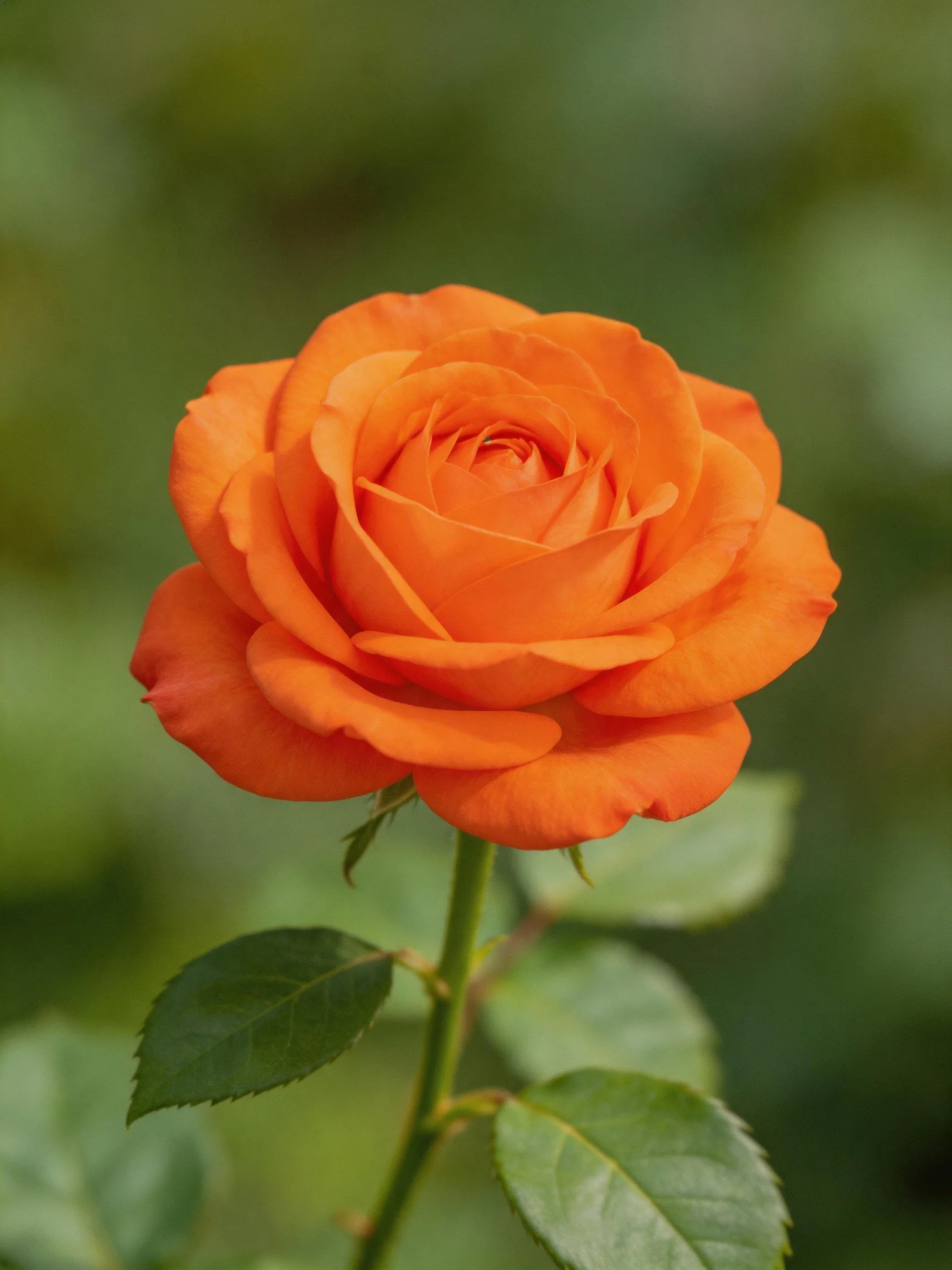 Vibrant orange rose with layered petals and green leaves