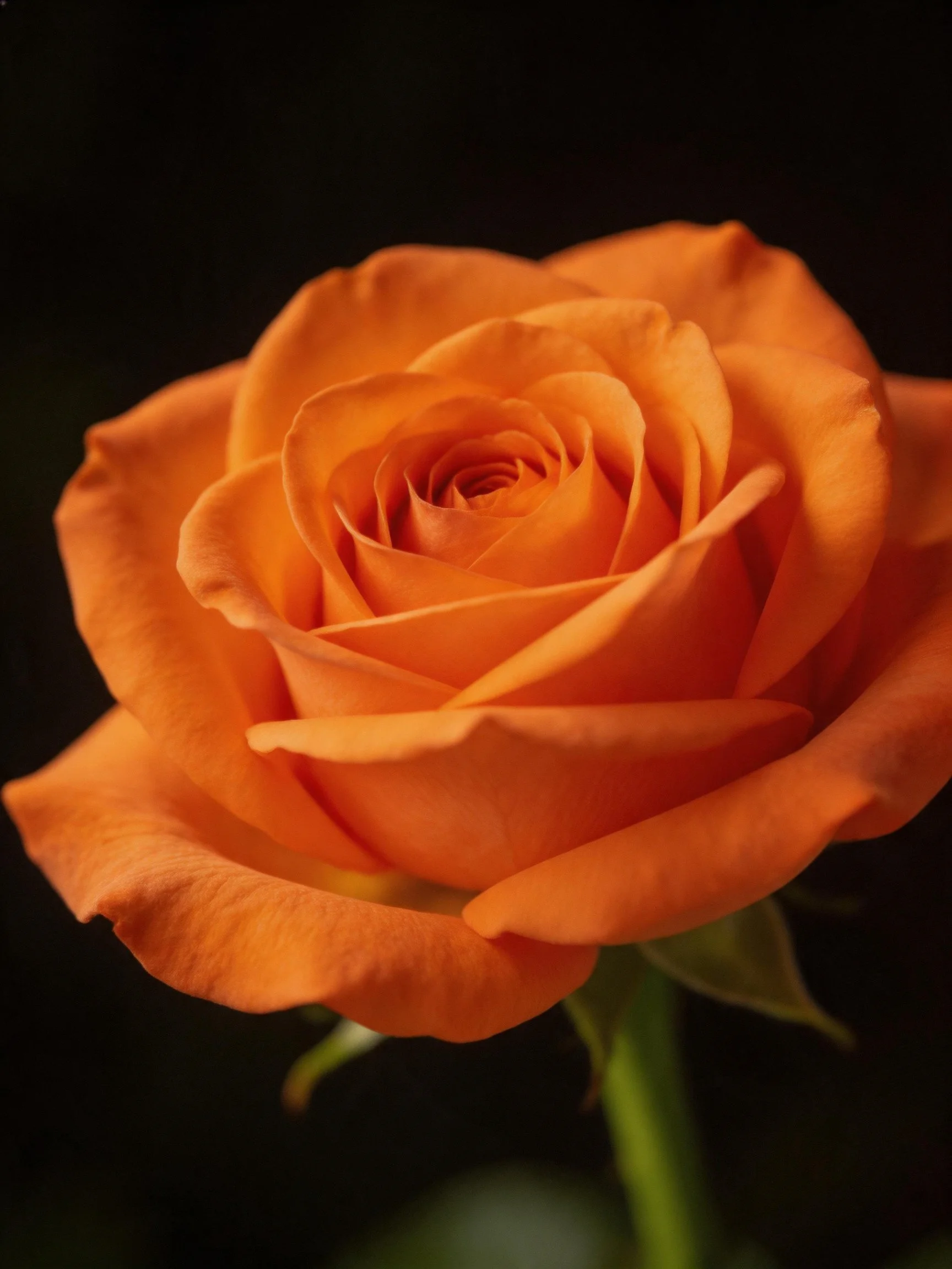 Vibrant orange rose with layered petals on dark backdrop