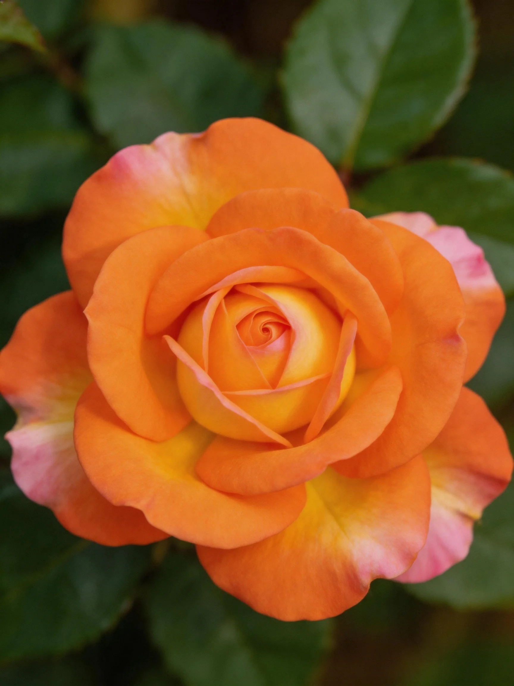 Vibrant orange rose with pink and yellow accents, surrounded by dark green leaves