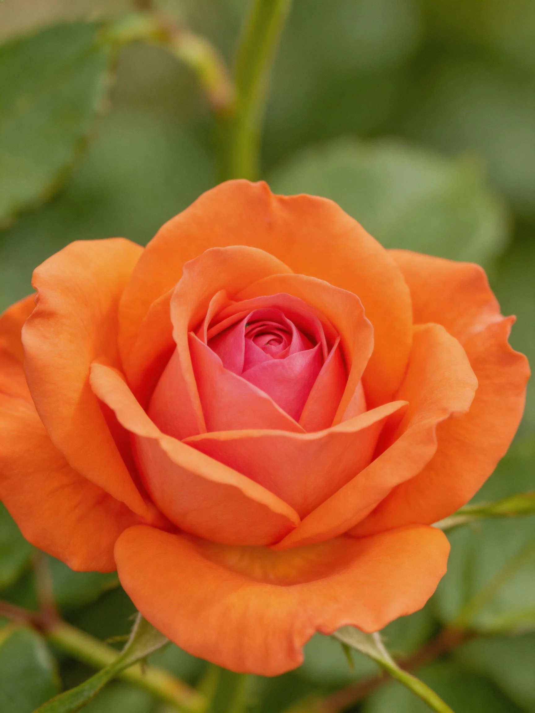 Vibrant orange rose with pink center and green foliage