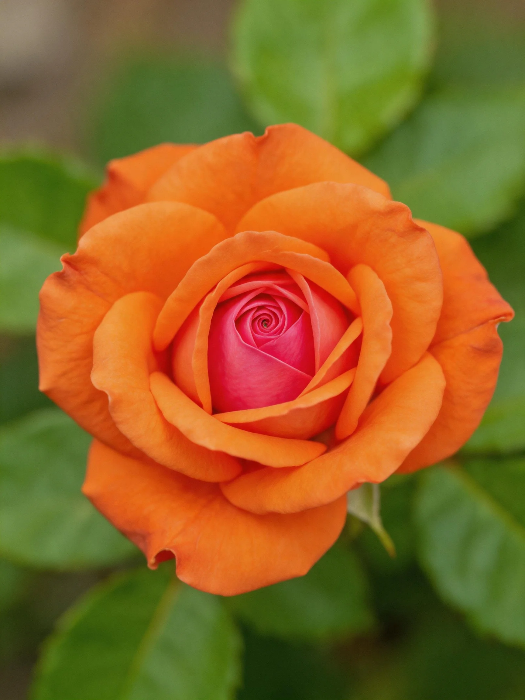 Vibrant orange rose with pink center and green leaves