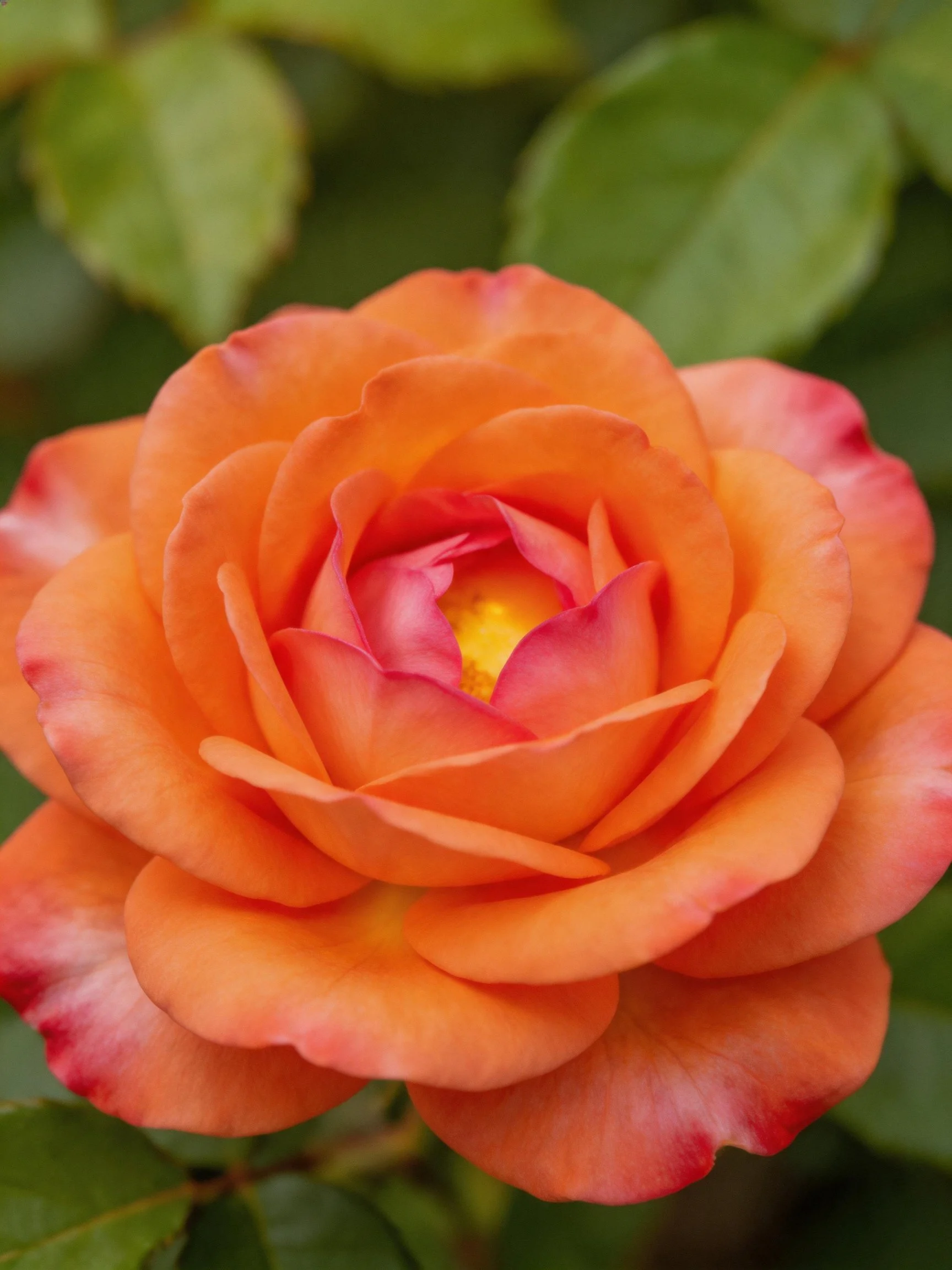 Vibrant orange rose with pink-edged petals and green foliage