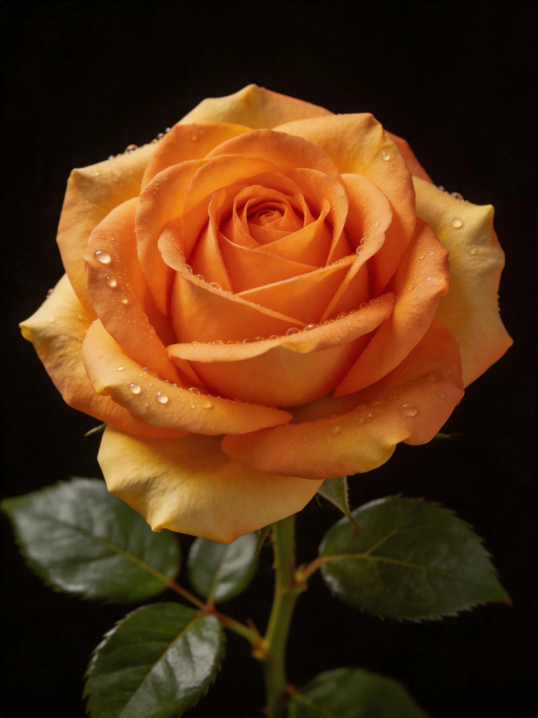 Vibrant orange rose with water droplets and green leaves