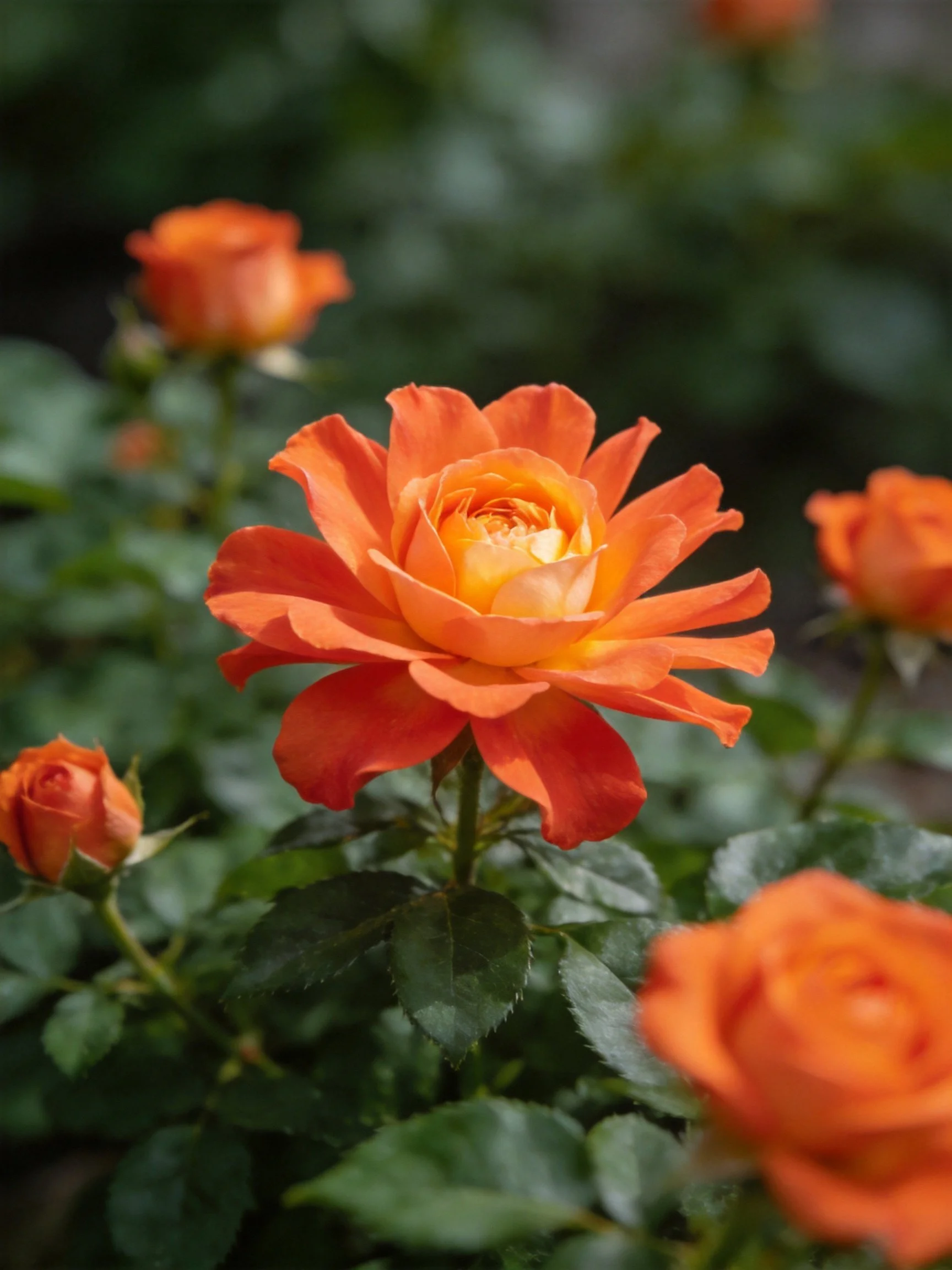 Vibrant orange roses bloom among lush green foliage